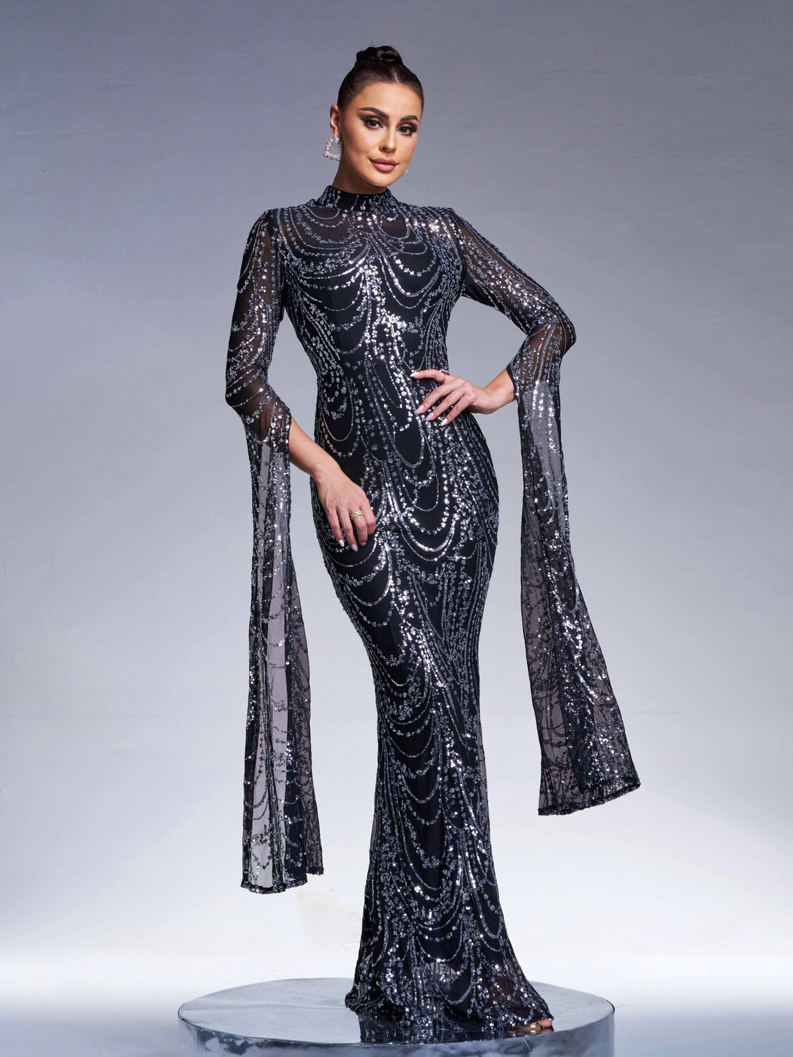 Stand Collar Mermaid Long Sleeve Evening Dress RA60055