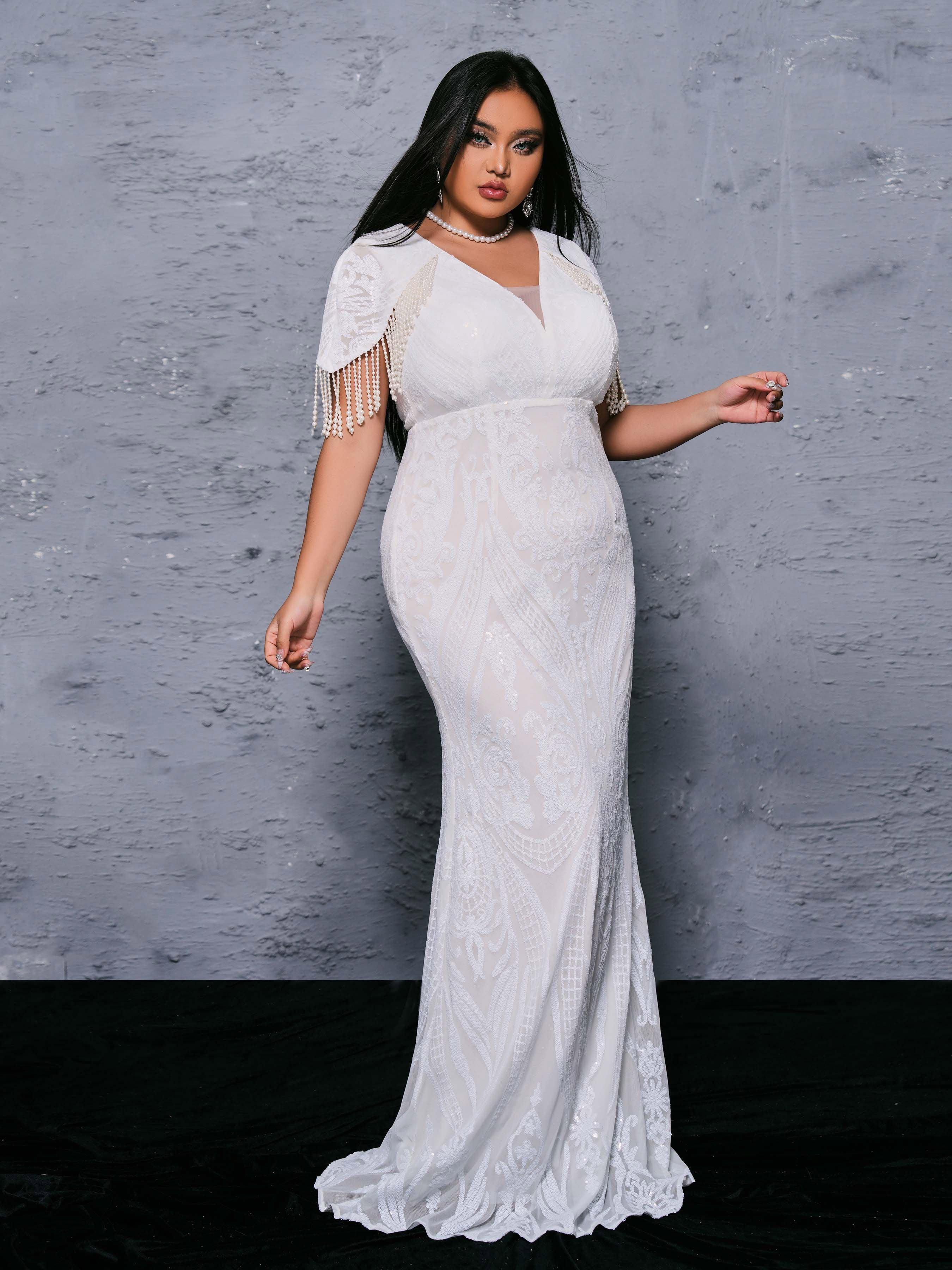 Plus V-Neck Pearl White Mermaid Dress PRX70092