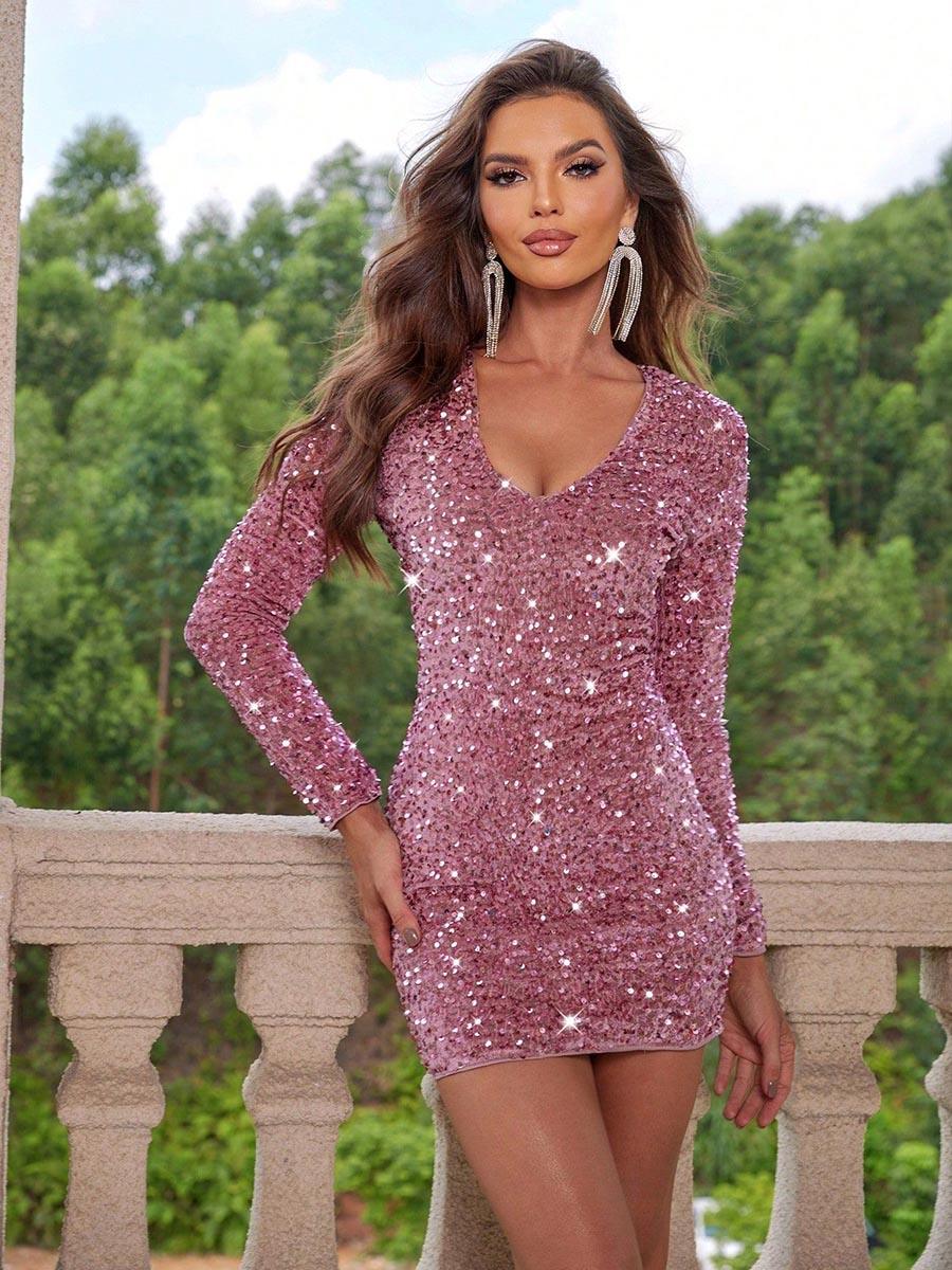 Sequin Long Sleeve V-neck Mini Party Dress MCC1213