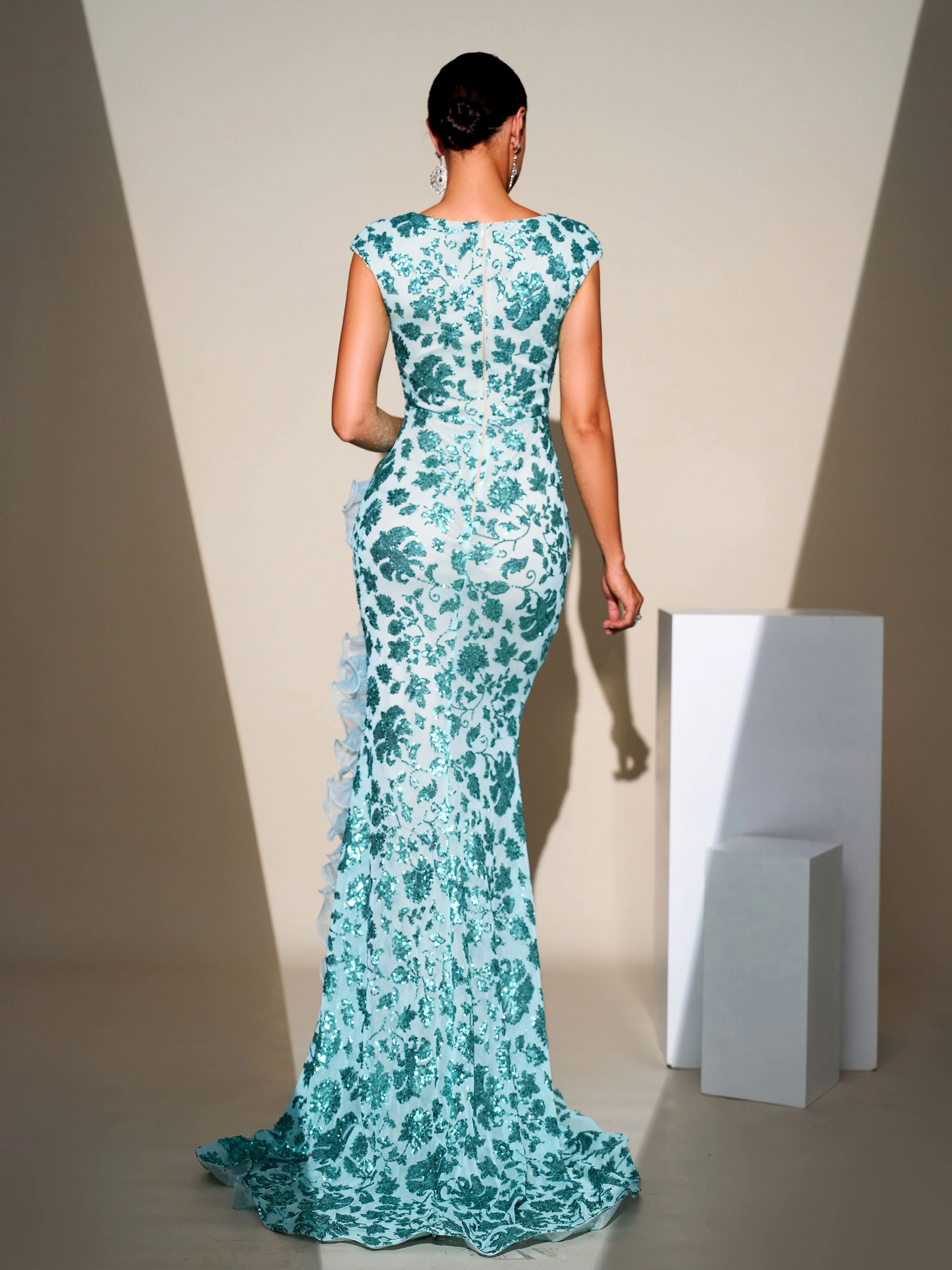 Sleeveless Ruffled Split Floral Sequin Dress RJ11878