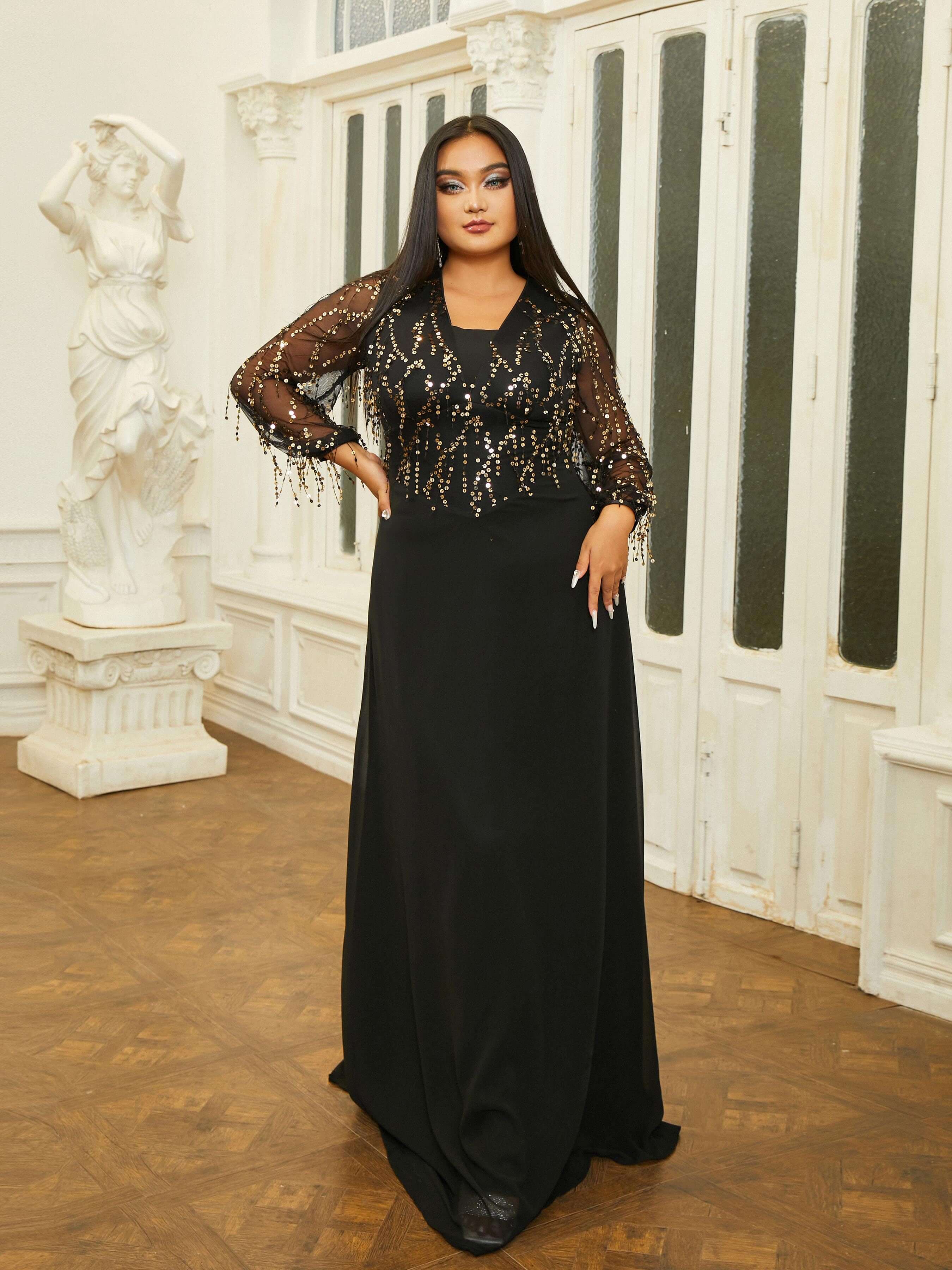 Plus Size Panel V-neck A-line Prom Dress PRM20910