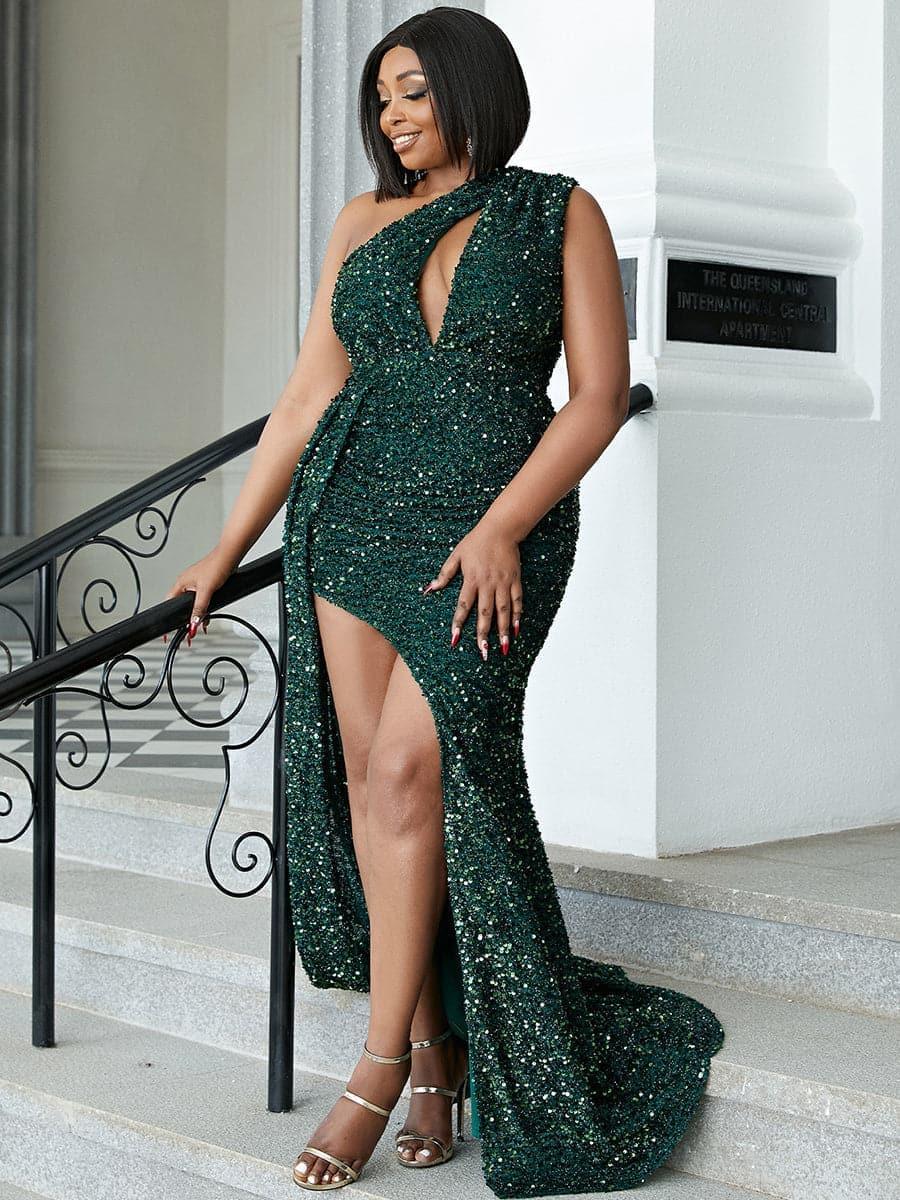 Plus Size Cutout Sequin Ribbon Prom Dress PXH1694