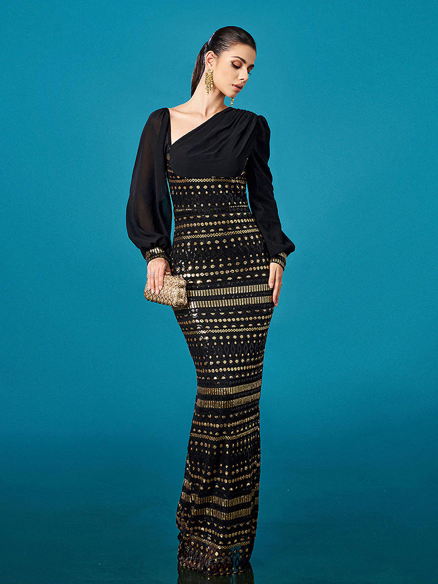 Black Long Sleeve Cutout Sheath Sequin Dress RJ12093