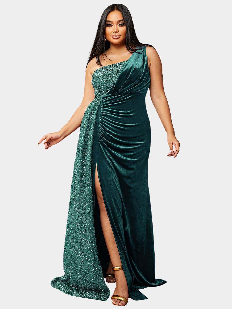 Plus Size One Shoulder Draped Sequin Burgundy Prom Dress PXH2356