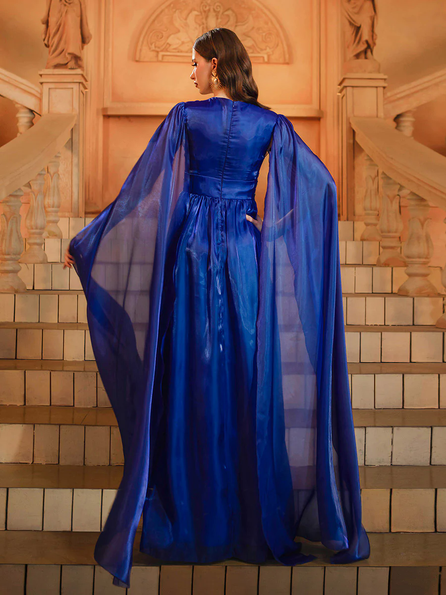 Blue Cape Sleeve Muslim Embroidered Dress DH80540