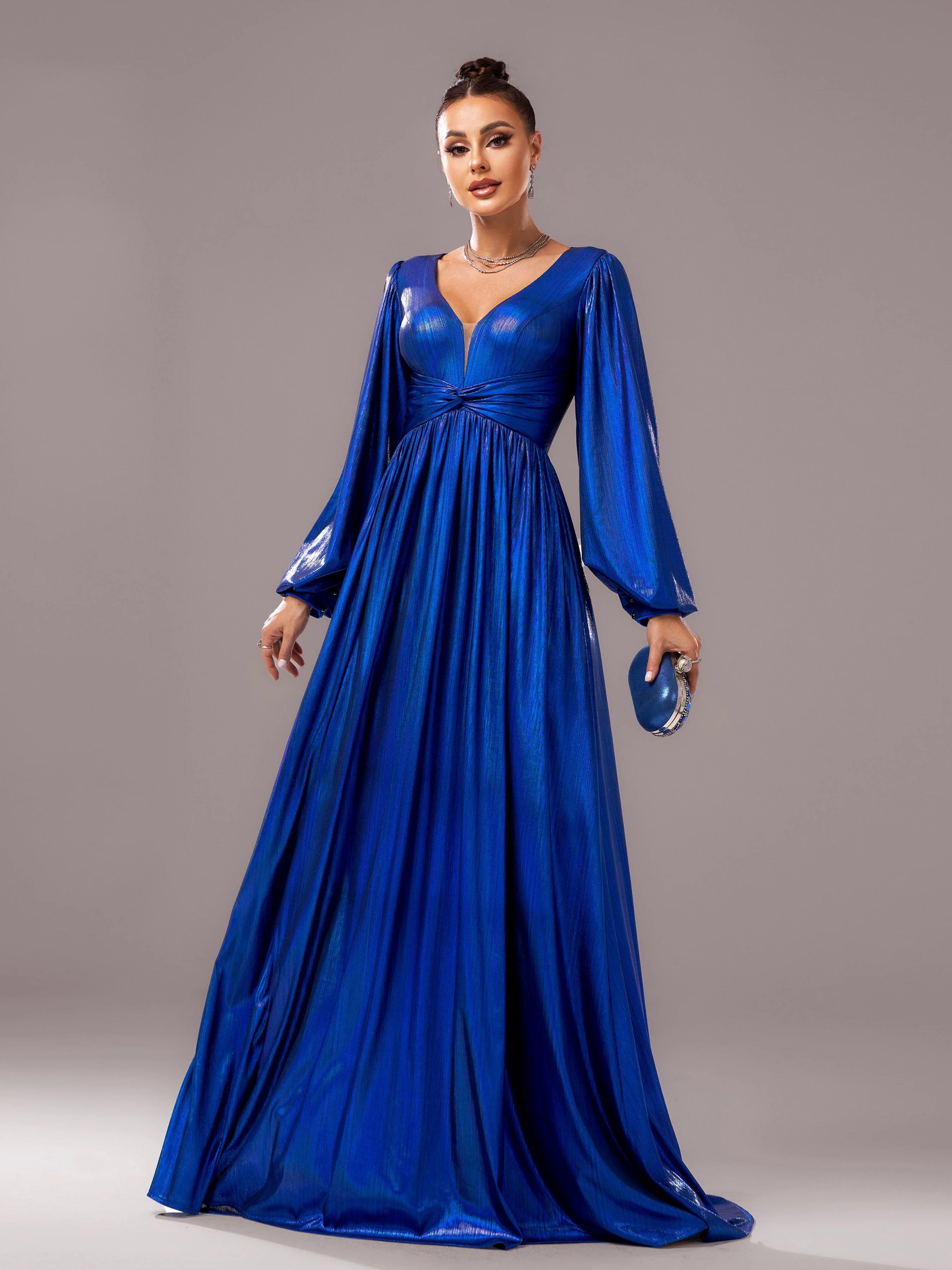 Blue V-neck Long Sleeve A-line Prom Dress DH80273