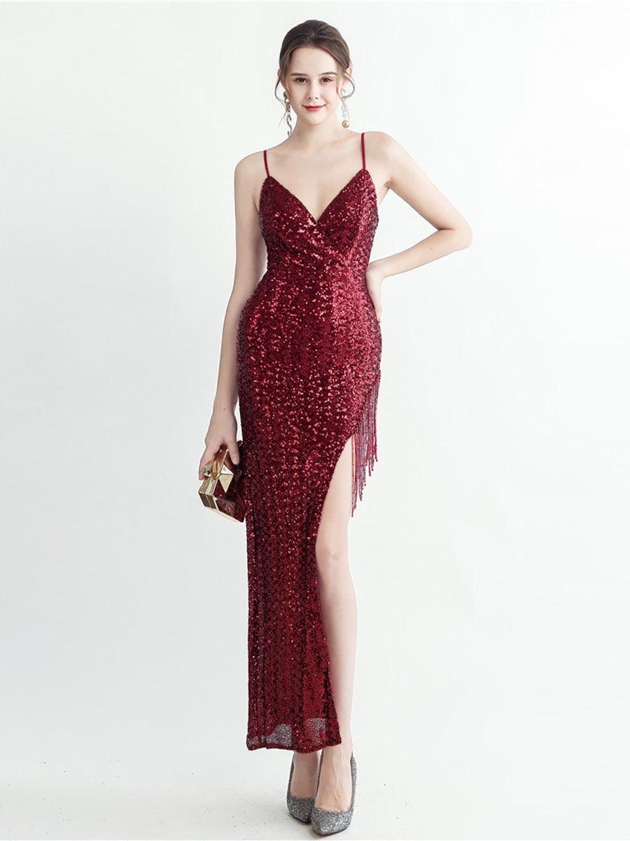 Fringed Sequin Spaghetti Split Cocktail Dress MYC2008