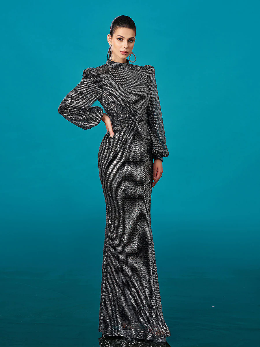 Long Sleeve Folds Solid Sequin Formal Dress DH80421