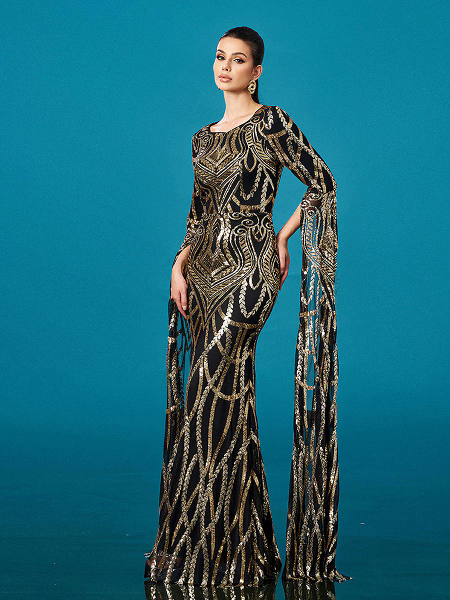 Luxury Geometric Sequin Long Sleeve Formal Dress DH80402