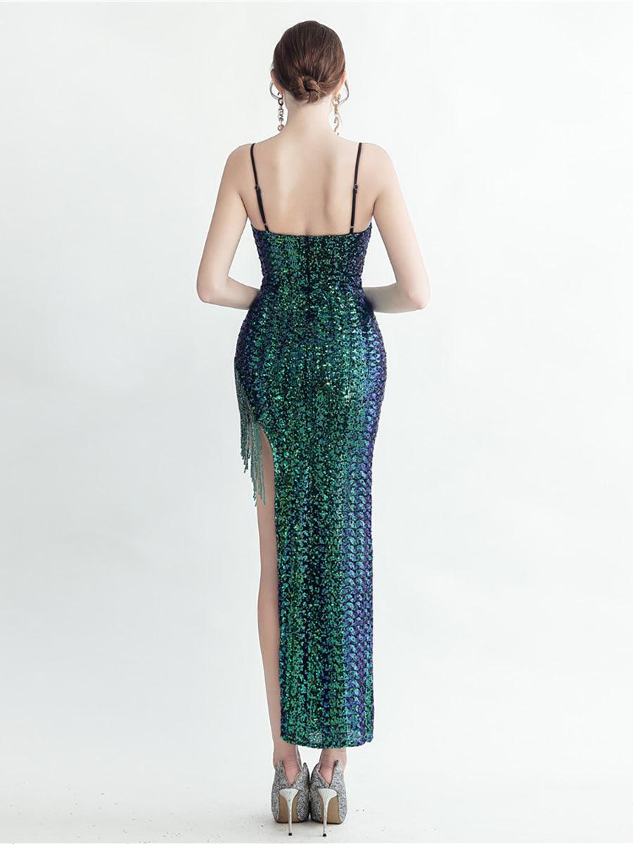 Fringed Sequin Spaghetti Split Cocktail Dress MYC2008