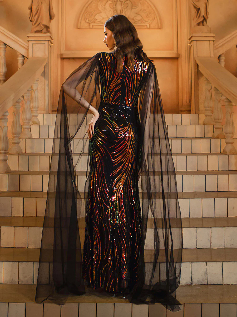 Black Mesh Sleeve Sequin Formal Dress RX70362