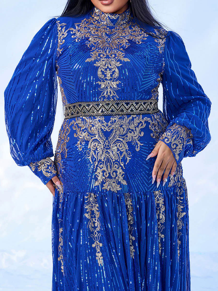 Plus Stand Collar Sequin A-line Dress PMES00341