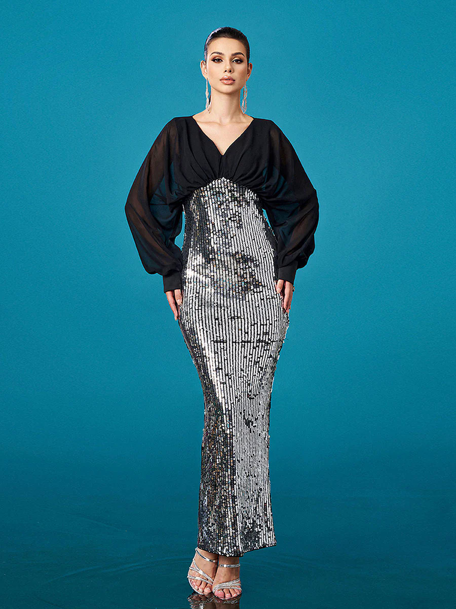 V-neck Panel Sequin Sheath Cocktail Dress DH80396