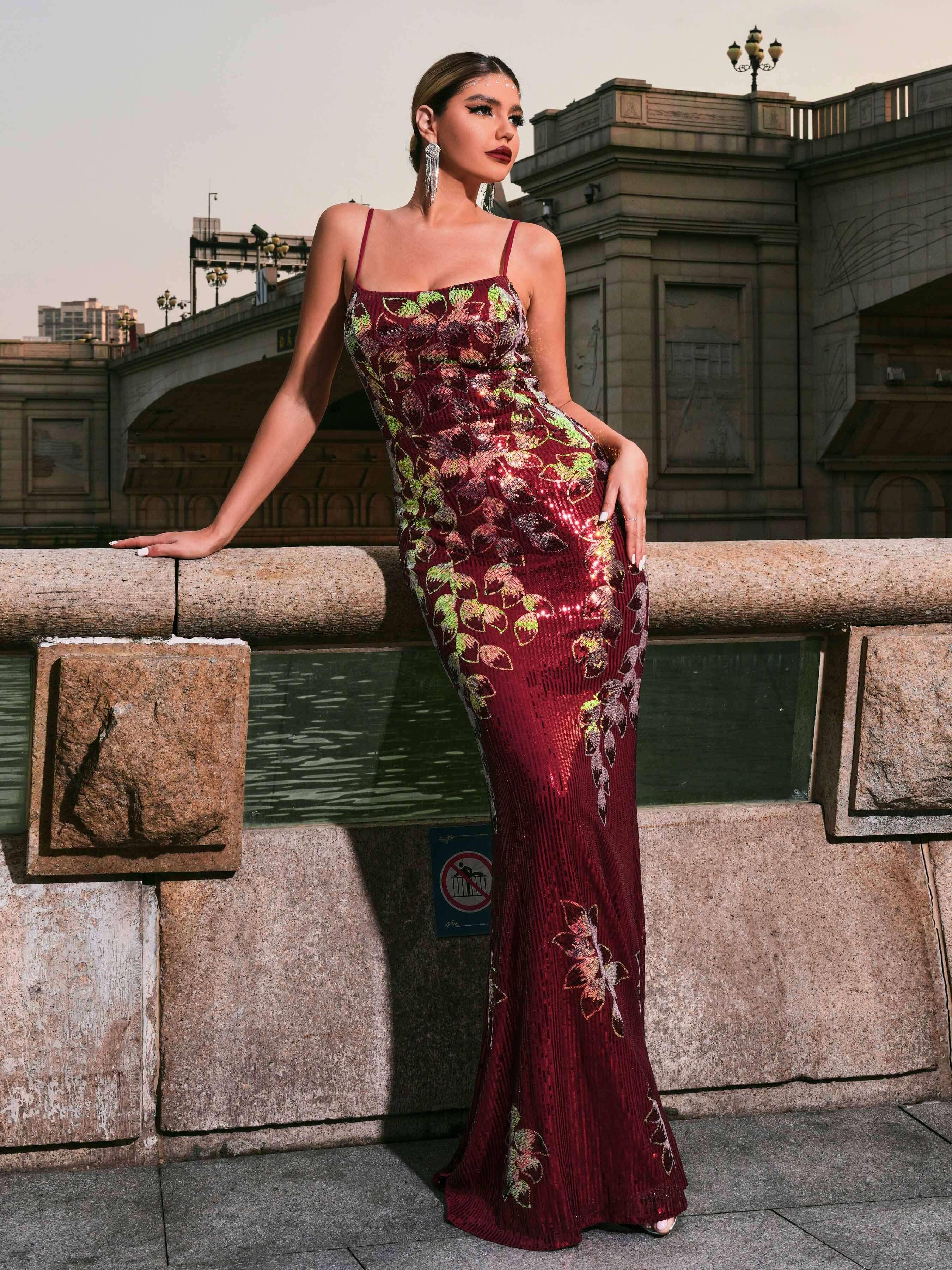 Spaghetti Leaf Sequin Mermaid Prom Dress RJ11052