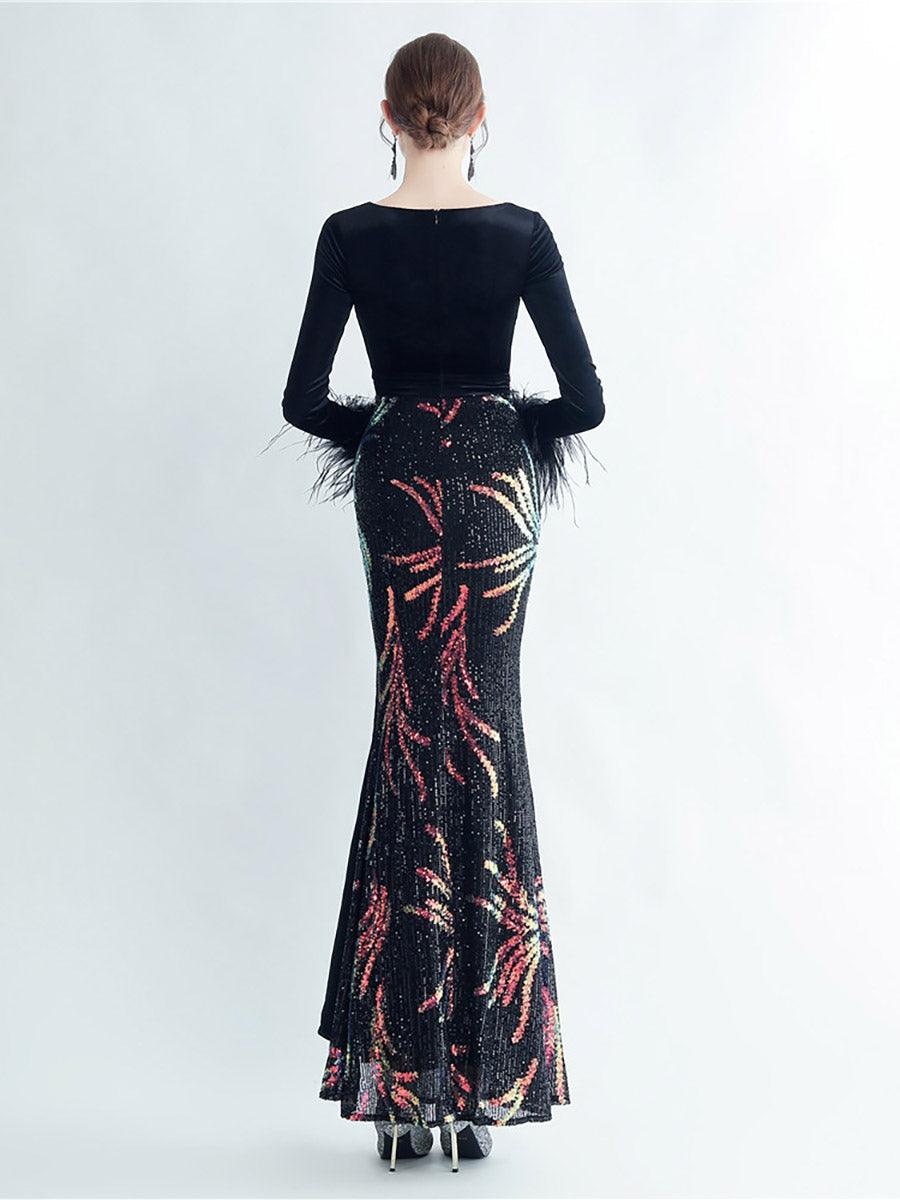 Long Sleeve Velvet Feather Wrap Prom Dress MCW0949