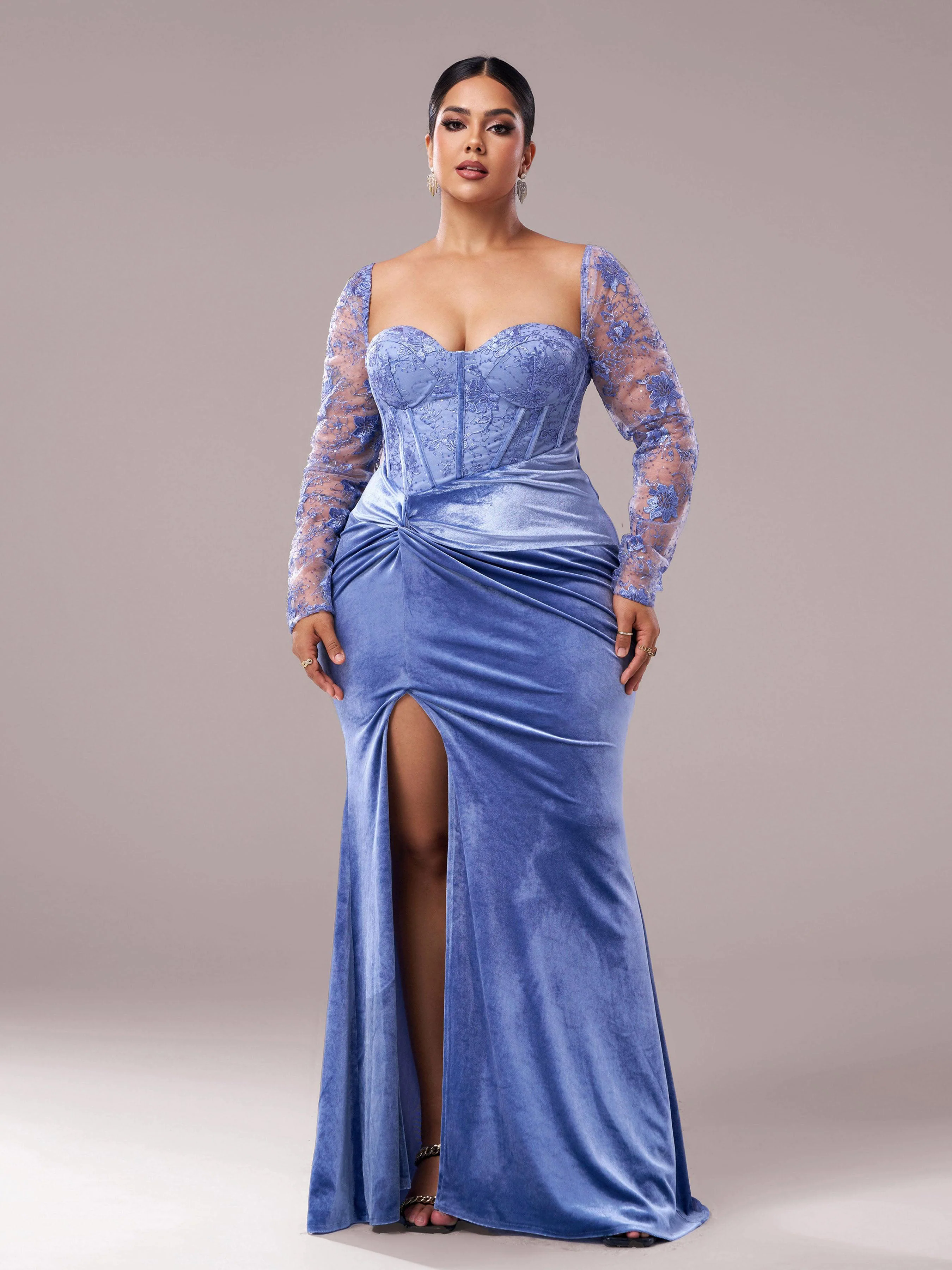 Plus Blue Corset Embroidered Split Prom Dress PRX70249