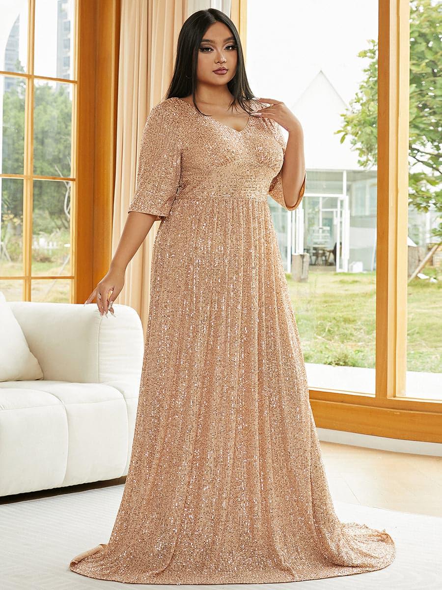 Plus V Neck Sequin Apricot Evening Dress PXJ2647