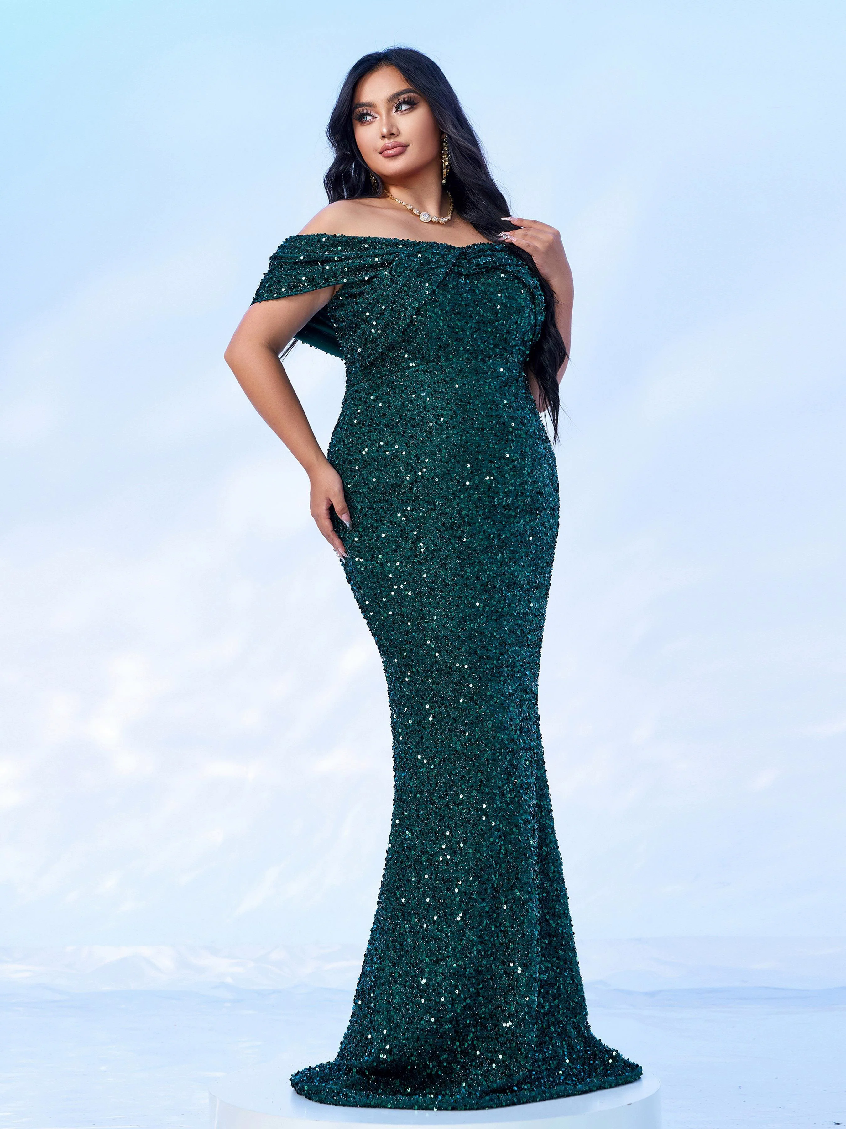 Plus Size Off Shoulder Sequin Mermaid Dress PWY108