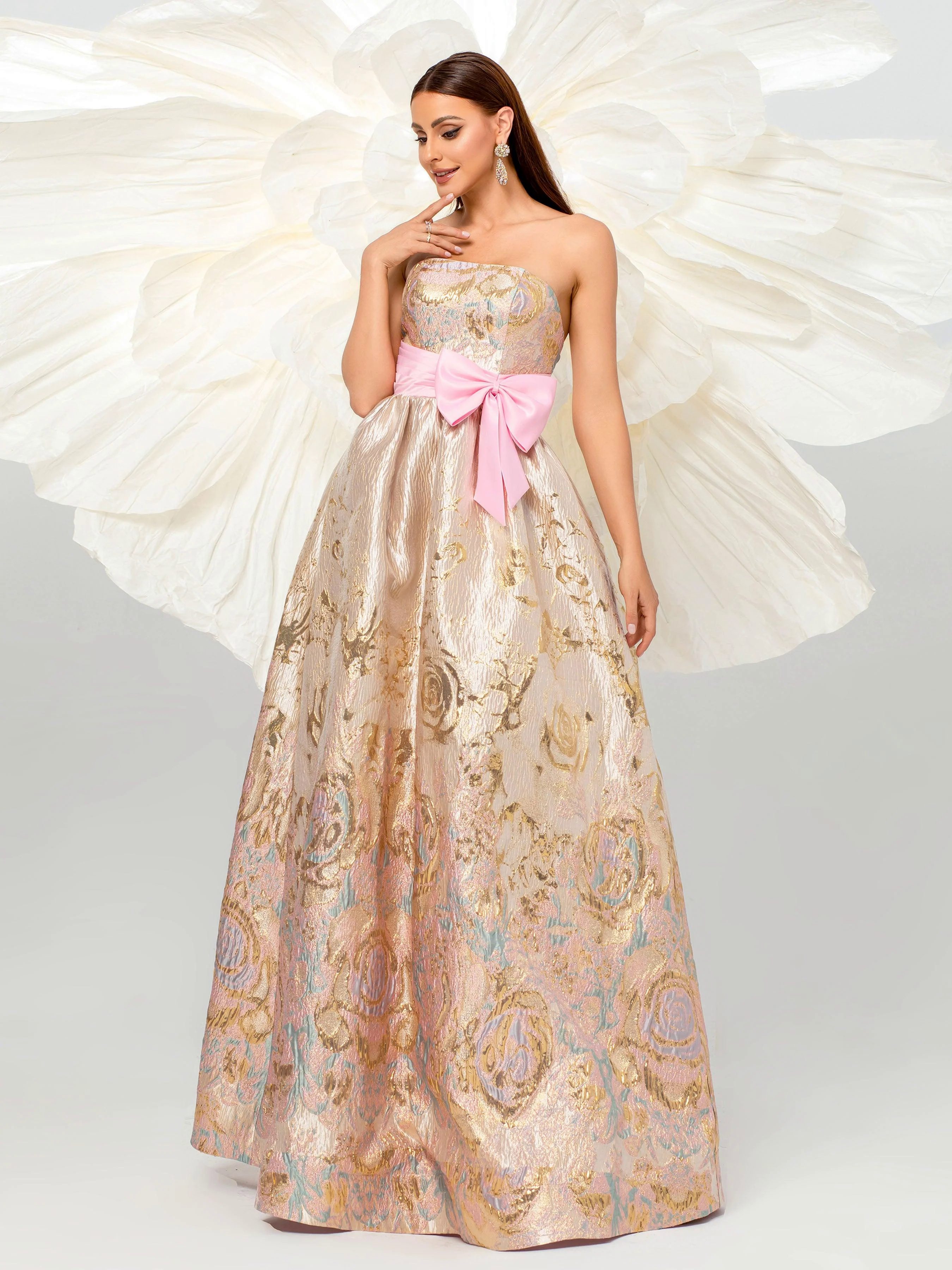 Jacquard Floral Strapless A-line Ball Gown DH80110