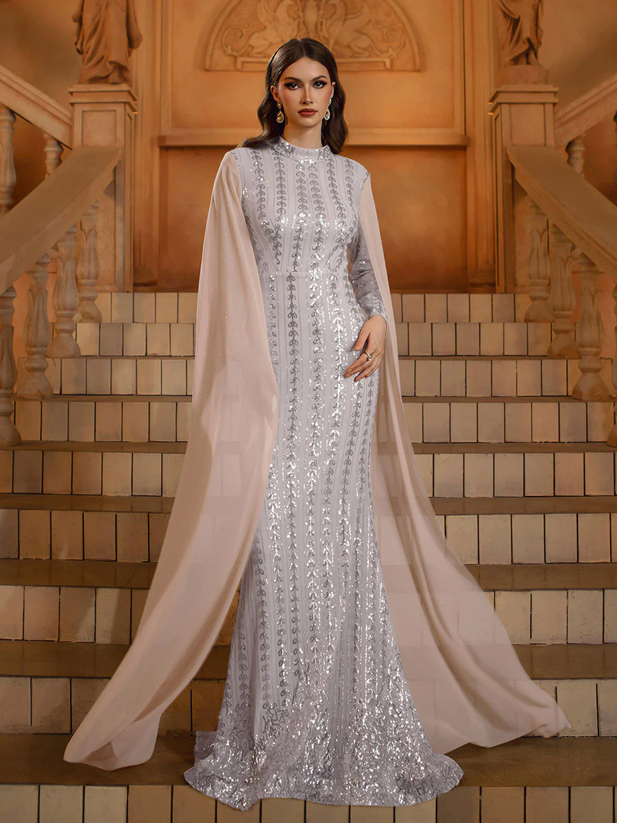 Stand Collar Leaf Sequin Arabian Dress MES00626