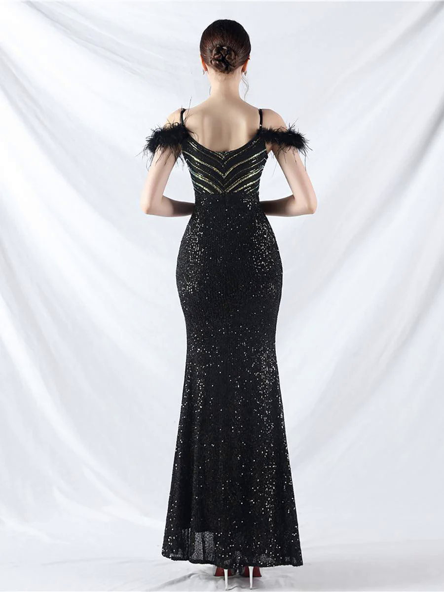 Cold Shoulder Feather Sequin Cocktail Dress MYC2006