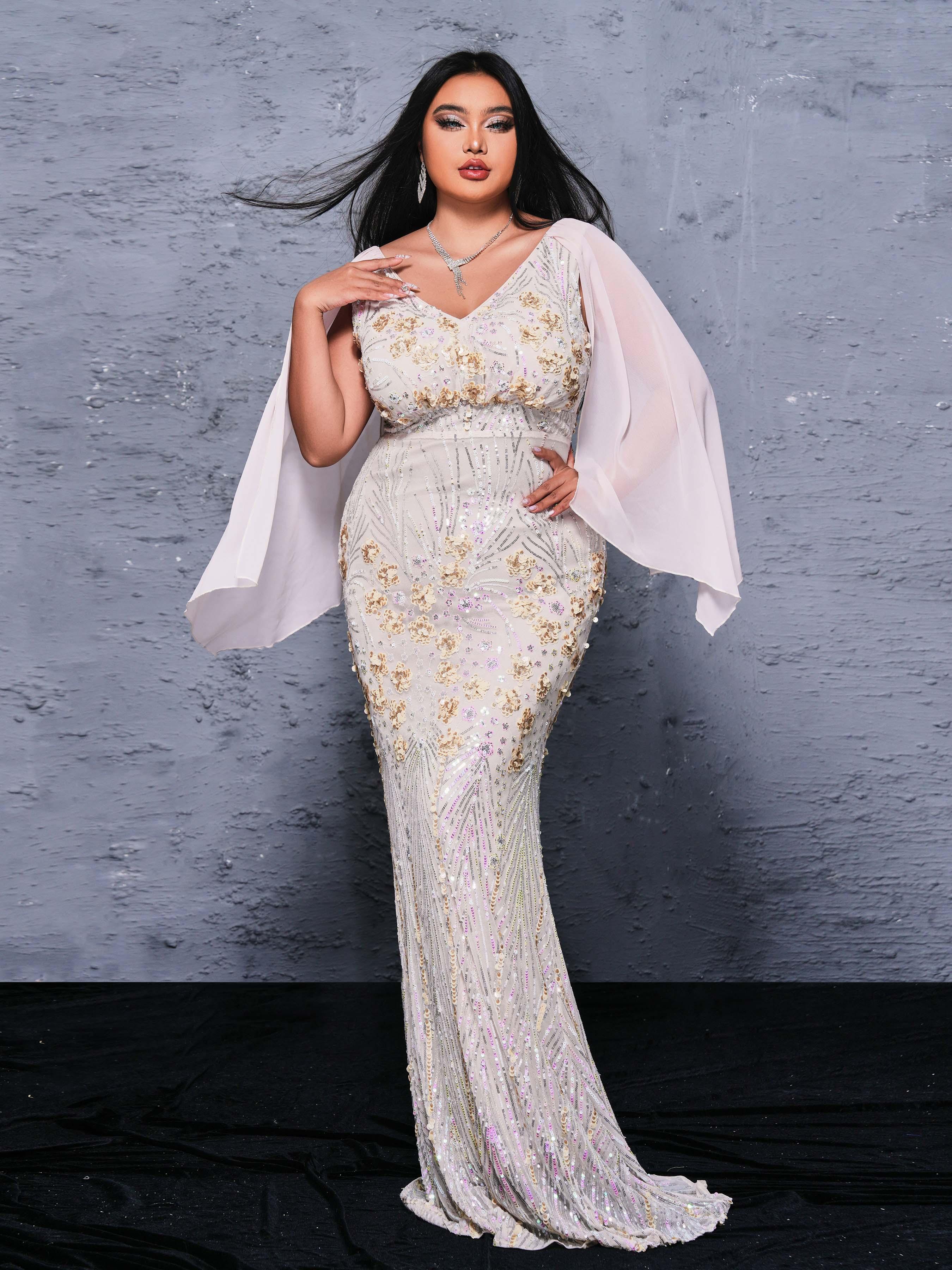 Plus V-neck Floral Sequin Mermaid Dress PRX70154