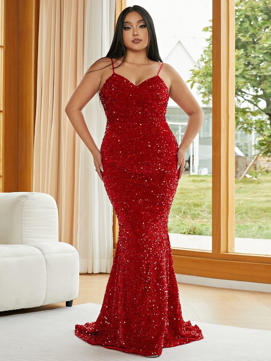 Plus Spaghetti Sequin Evening Dress PXJ1646