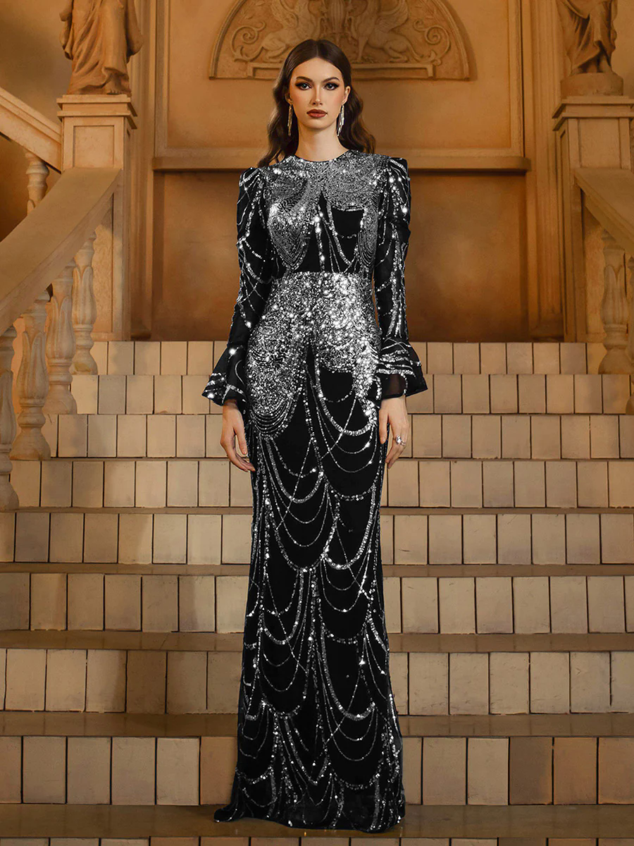 Black Sequin Ruffled Baroque Formal Dress MES72155