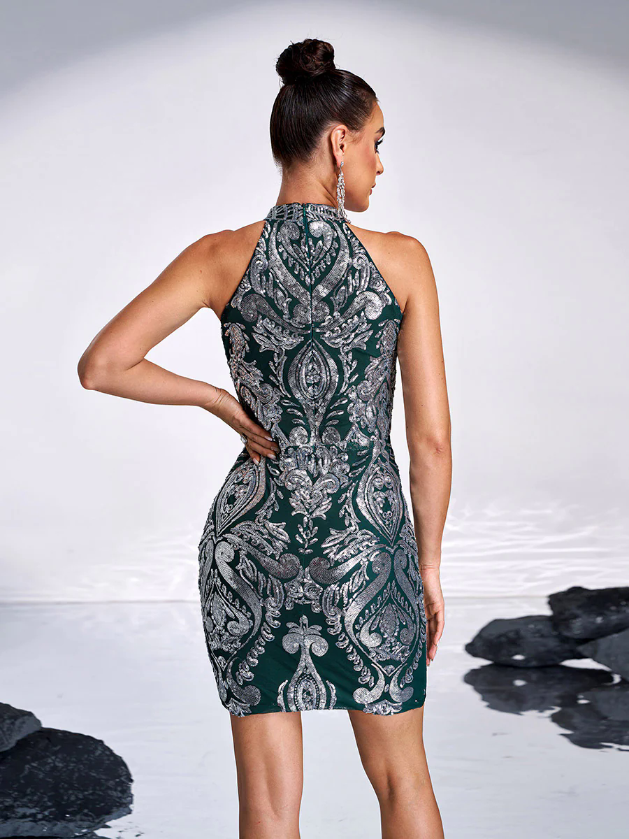 Halterneck Damask Sequin Bodycon Mini Dress FT19757