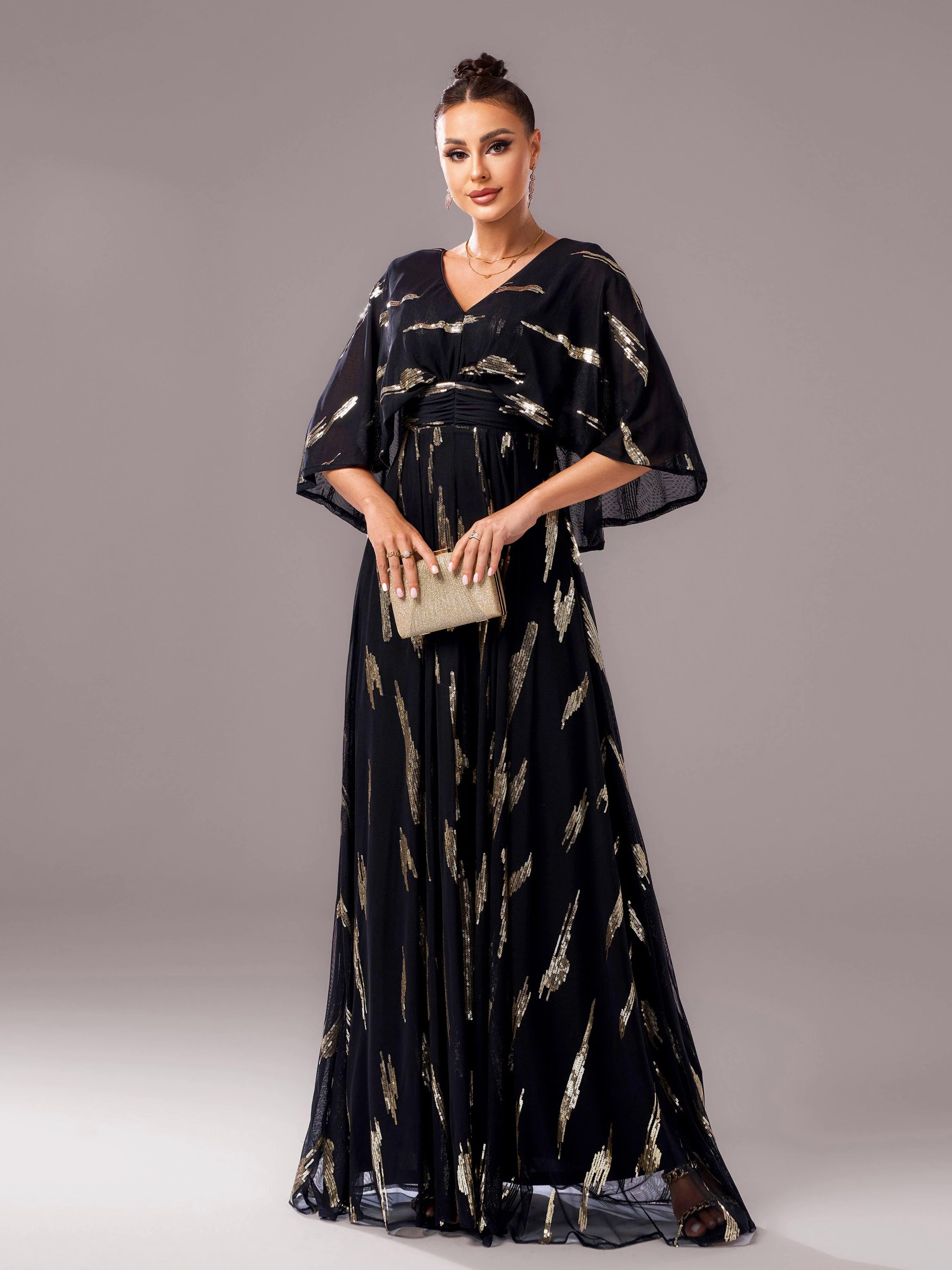 V-neck Loose Cape Sleeve Prom Chiffon Dress GM00638