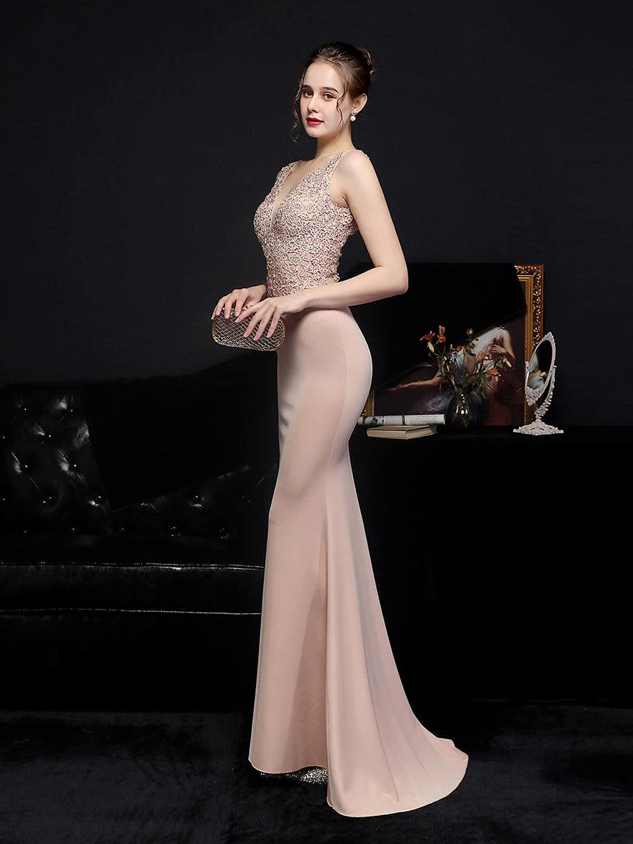 V-neck Sleeveless Embroidered Evening Dress MCW0951