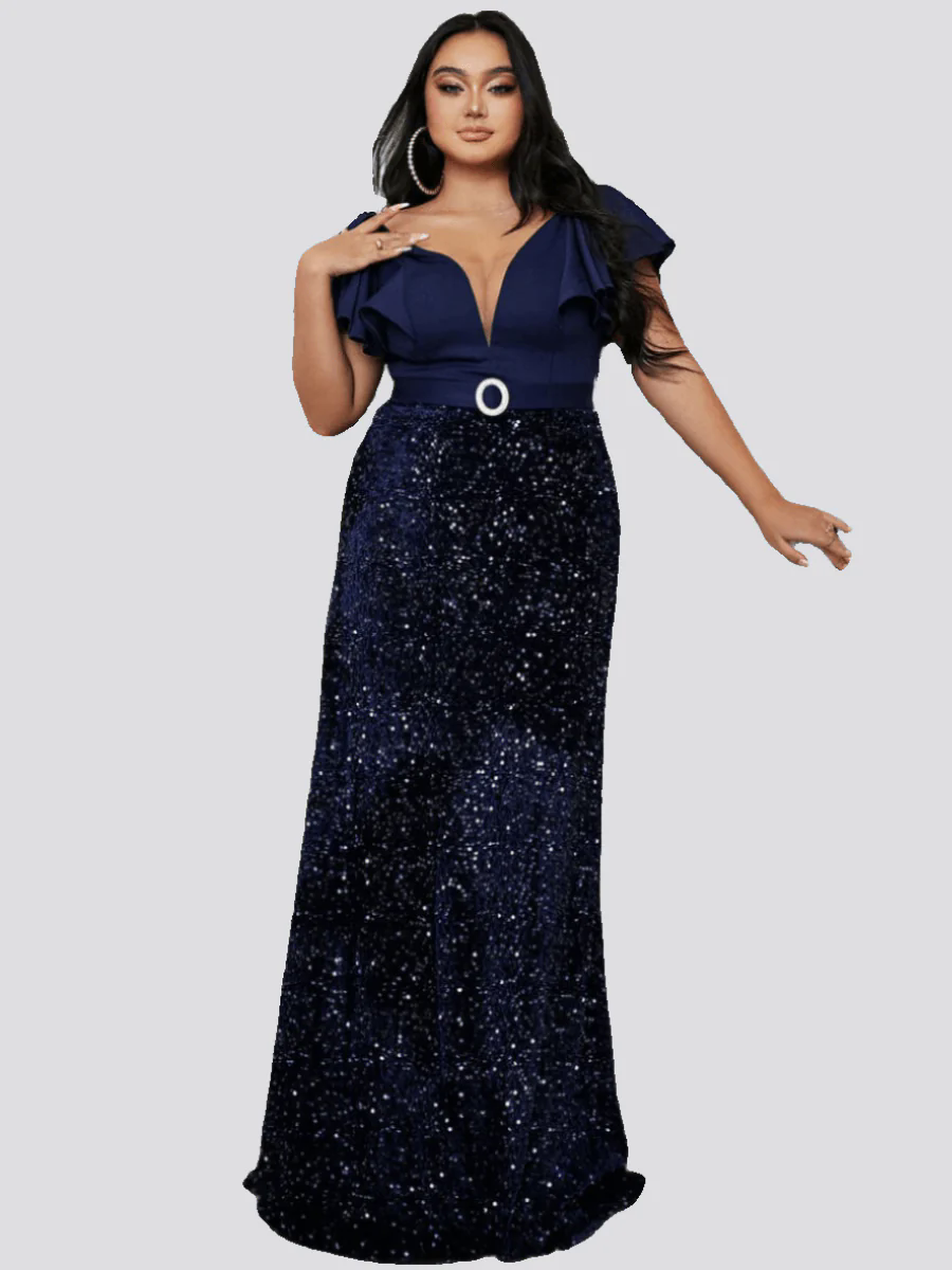 Plus Short Sleeve Sequin Belt Prom Dress PXL093