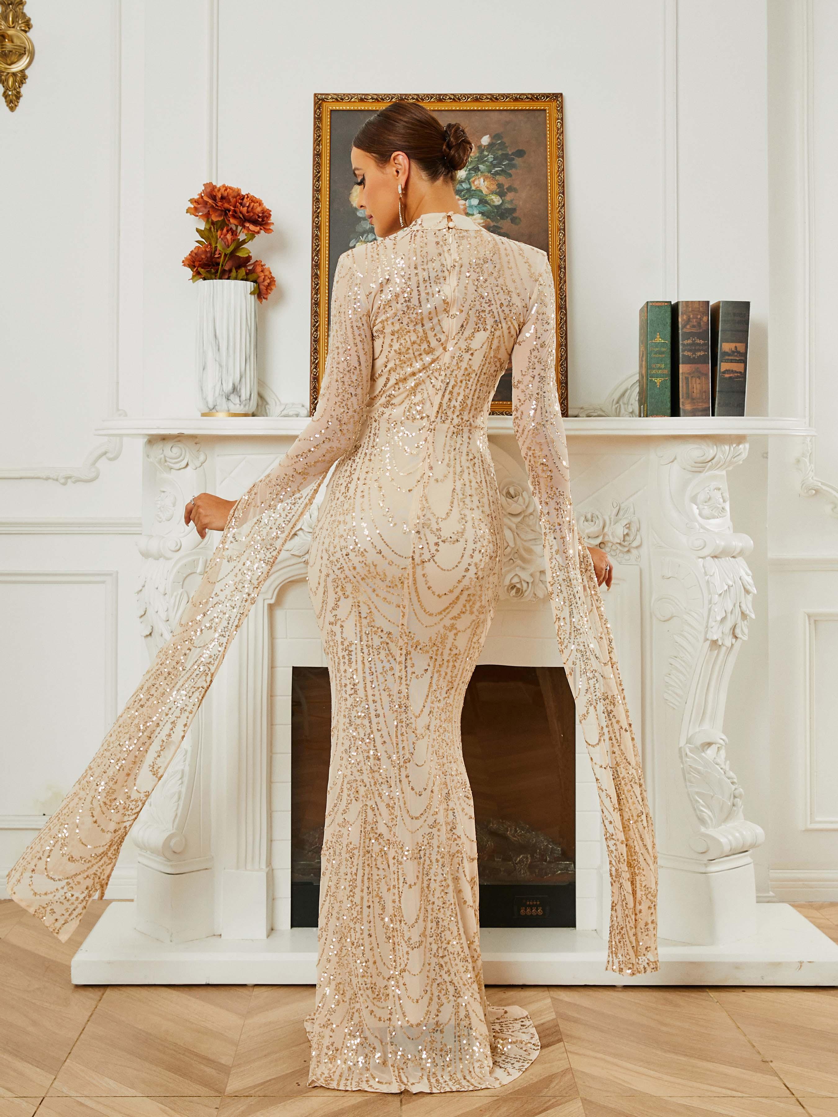 Stand Collar Mermaid Long Sleeve Evening Dress RA60055