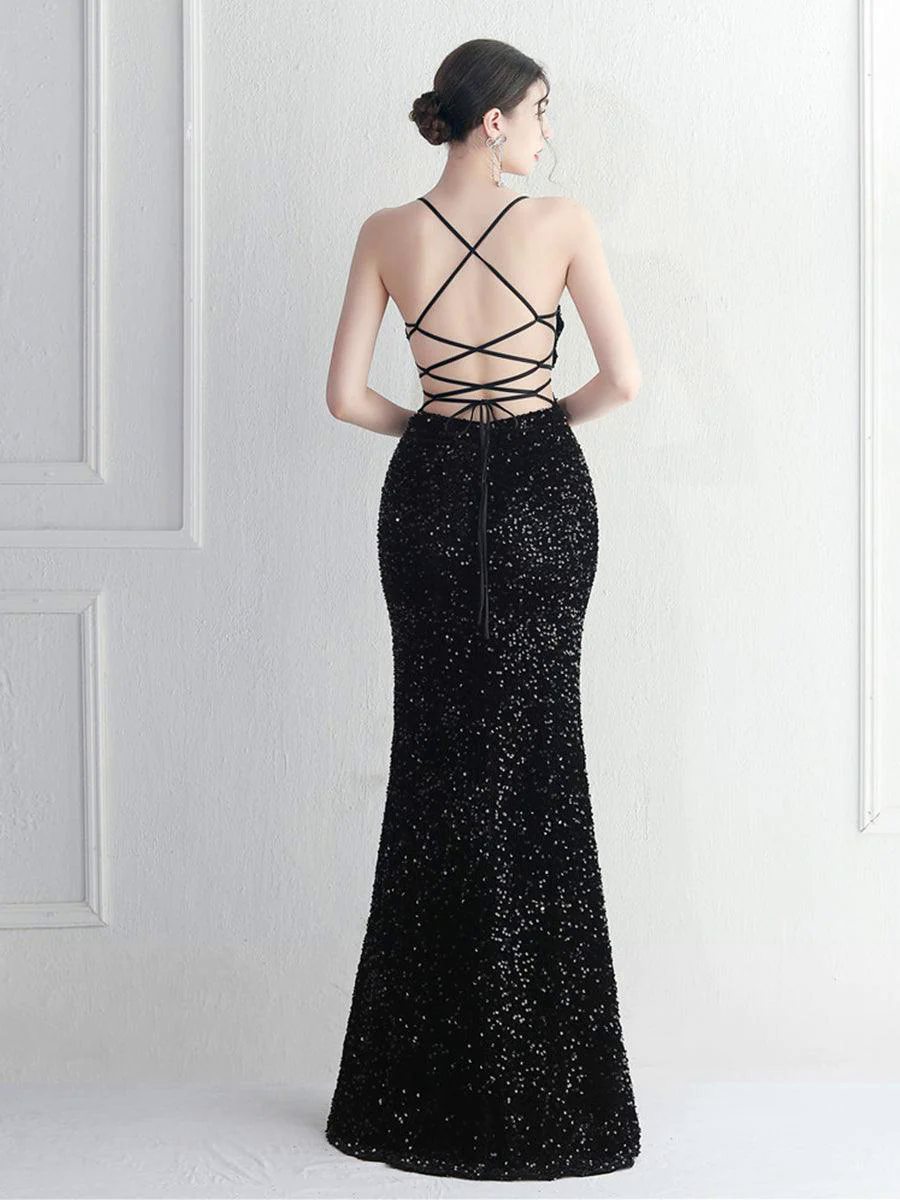 Lace Back Split Sequin Spaghetti Cocktail Dress MYC2004