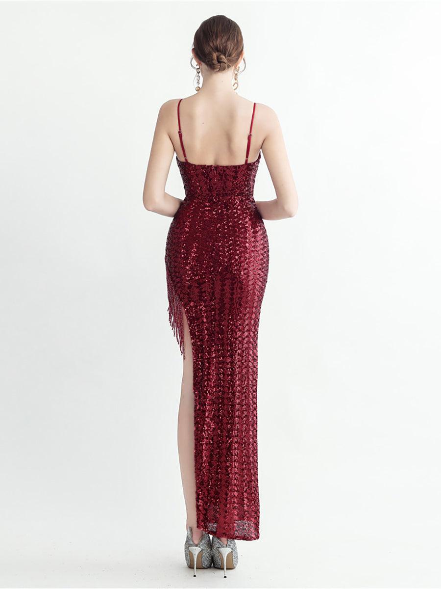 Fringed Sequin Spaghetti Split Cocktail Dress MYC2008