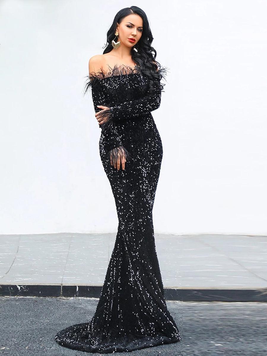Off Shoulder Feather Sequin Evening Dress FT19005