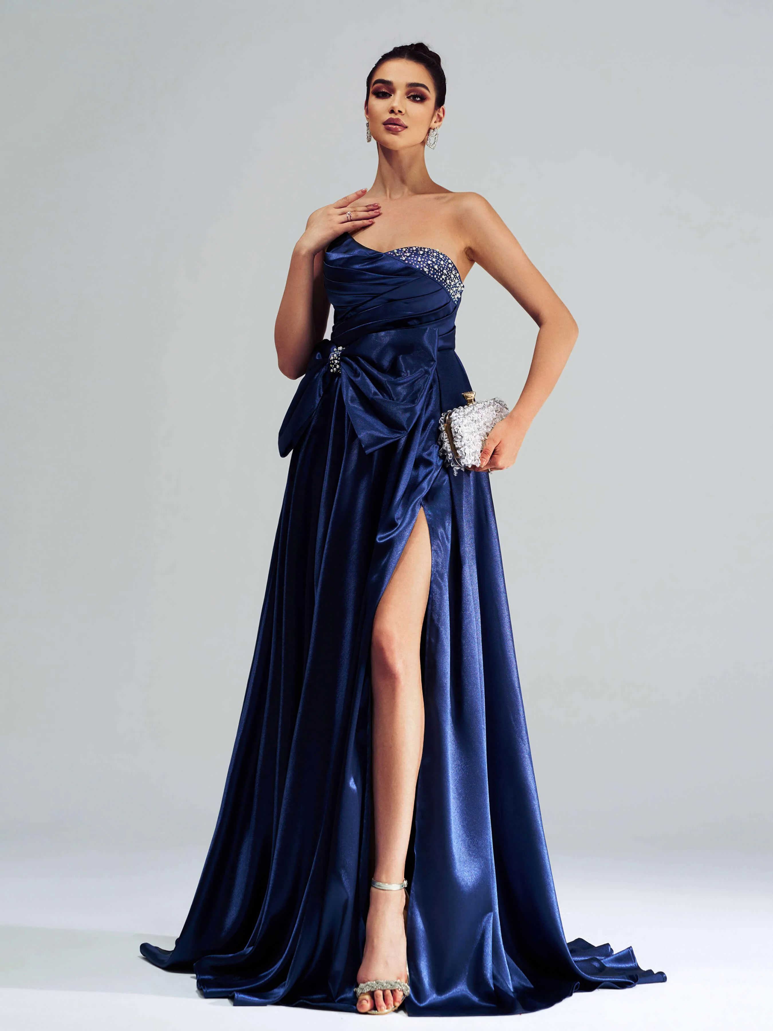 Bowknot Ruched Beaded Evening Dress GZ60067