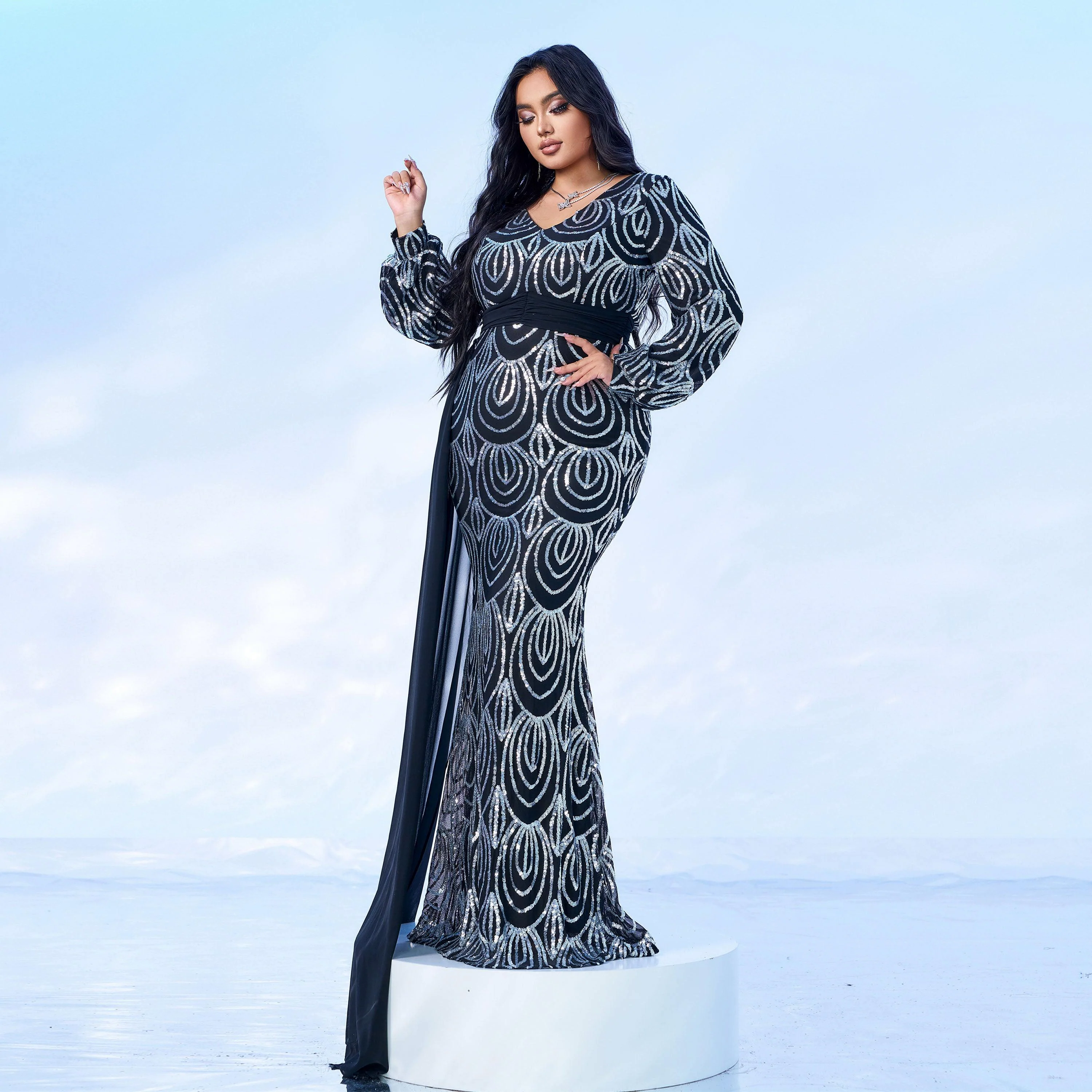 Plus V-Neck Long Sleeve Prom Dress PXJ1524