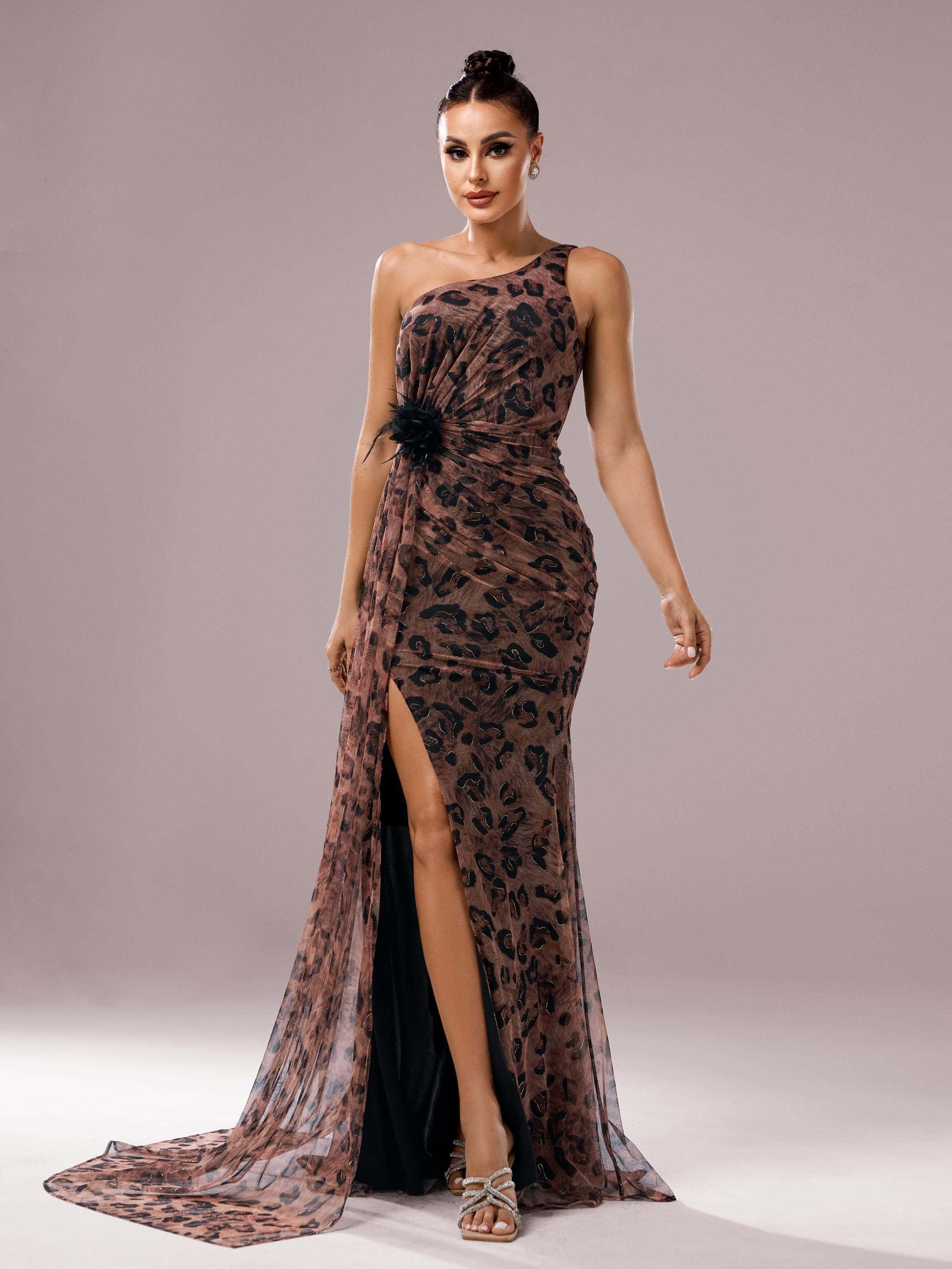 Leopard Print One Shoulder Mesh Prom Dress DH80317