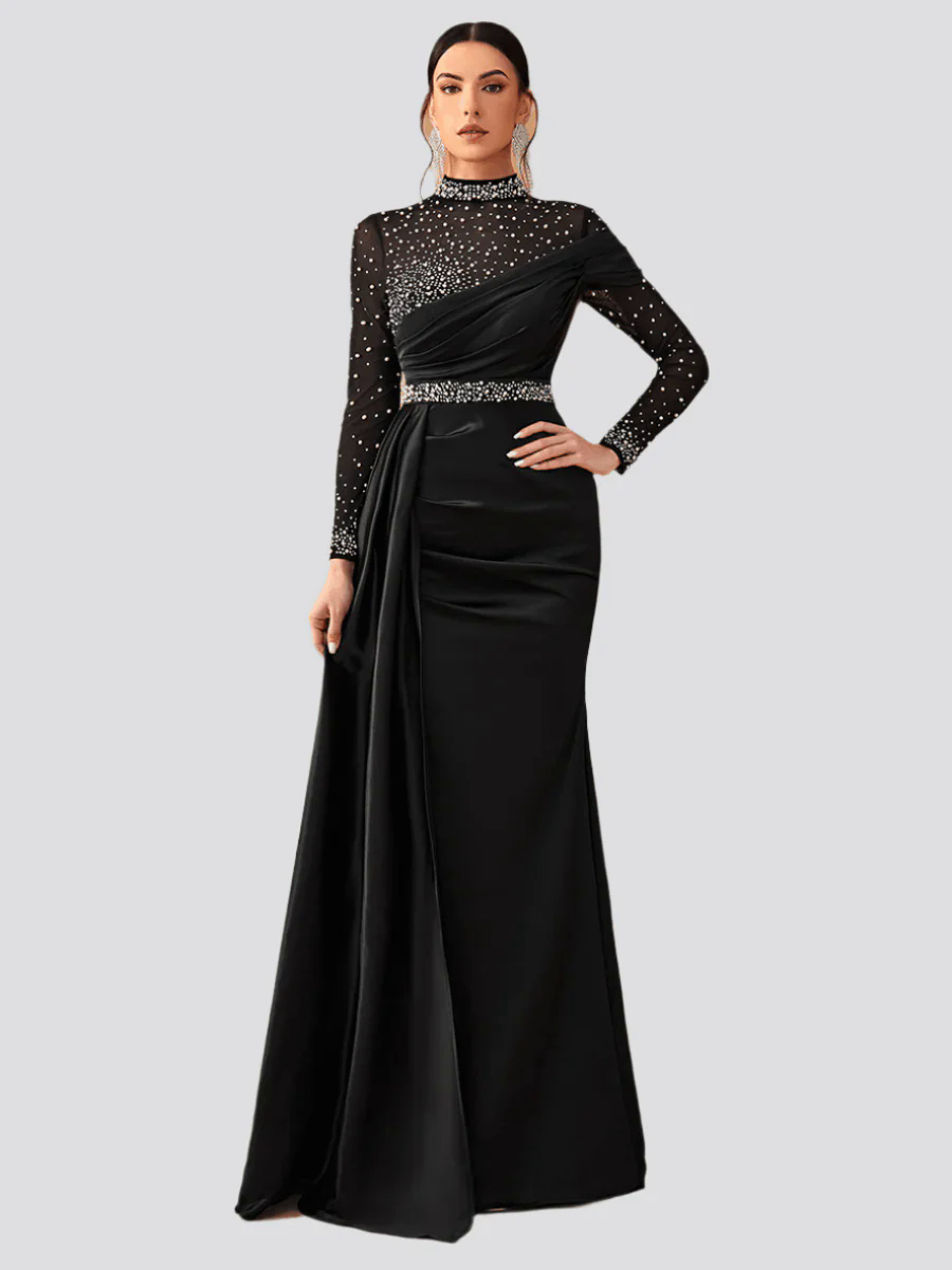 Elegant Mesh Beaded Satin Turtleneck Evening Dress GM90146