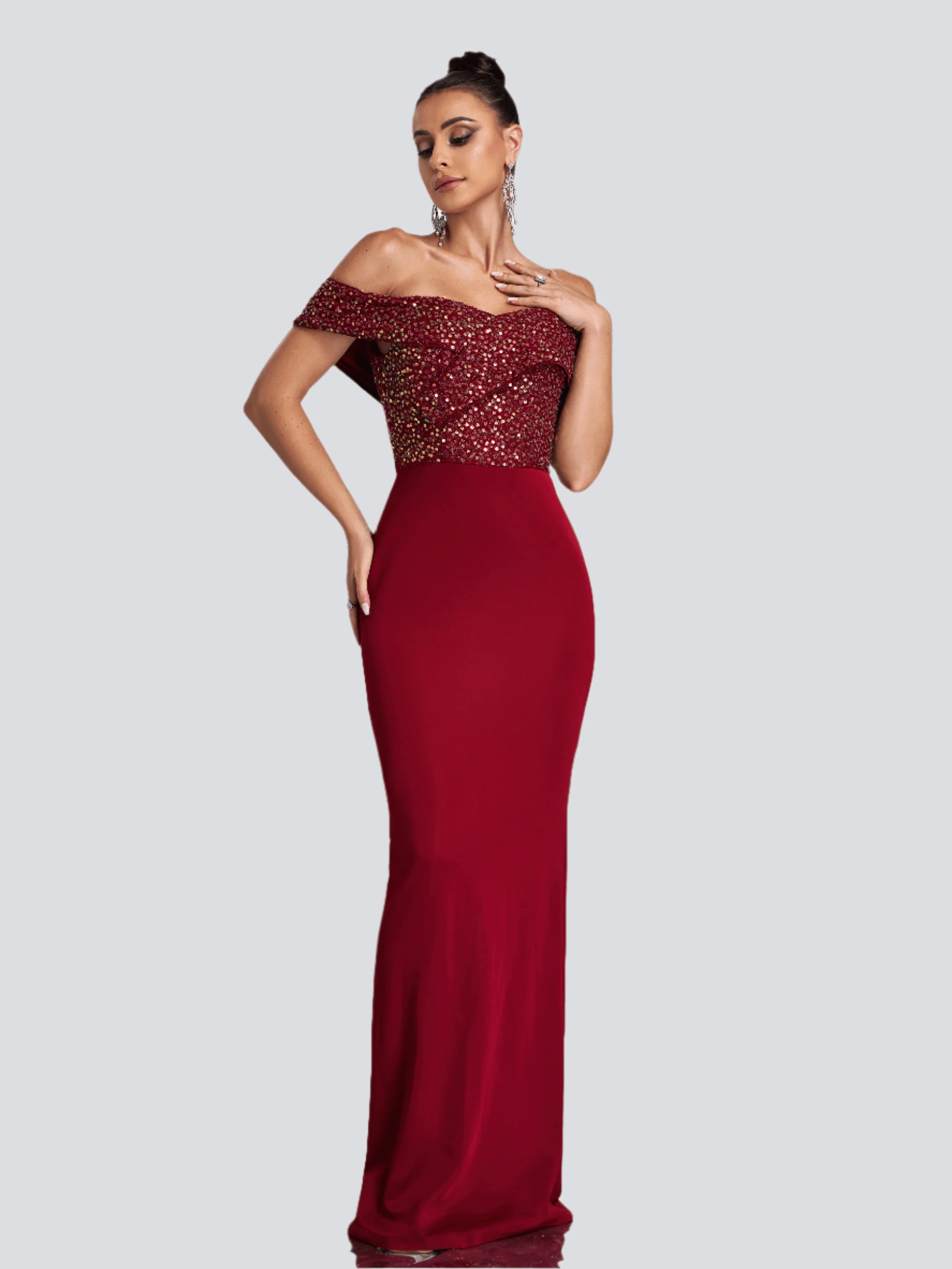 Off Shoulder Sequins Panel Black Evening Dress RM20181