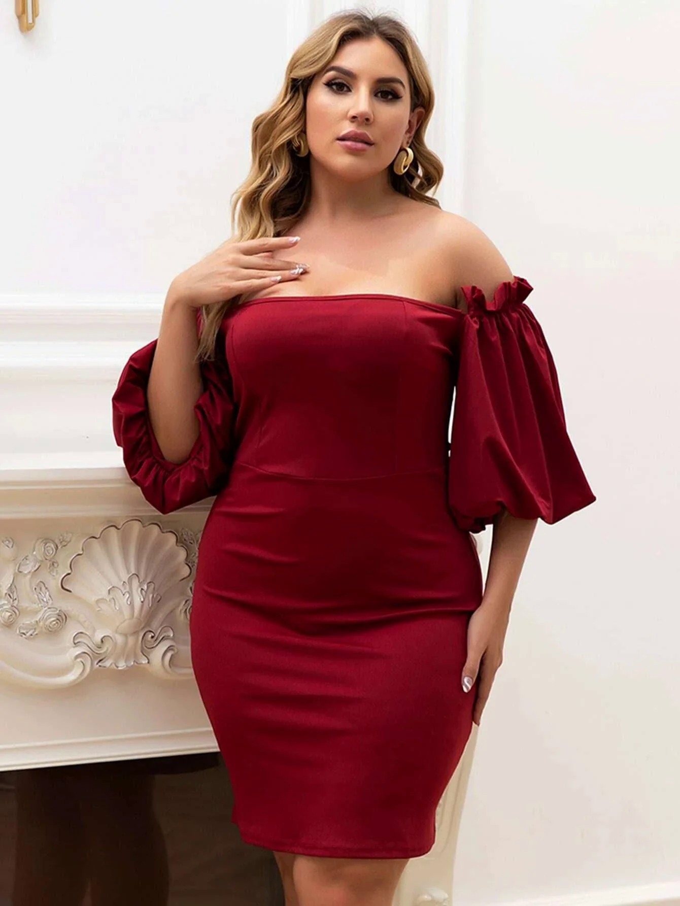 Plus Size Off Shoulder Bishop Sleeve Mini Satin DarkRed Prom Dress P0052
