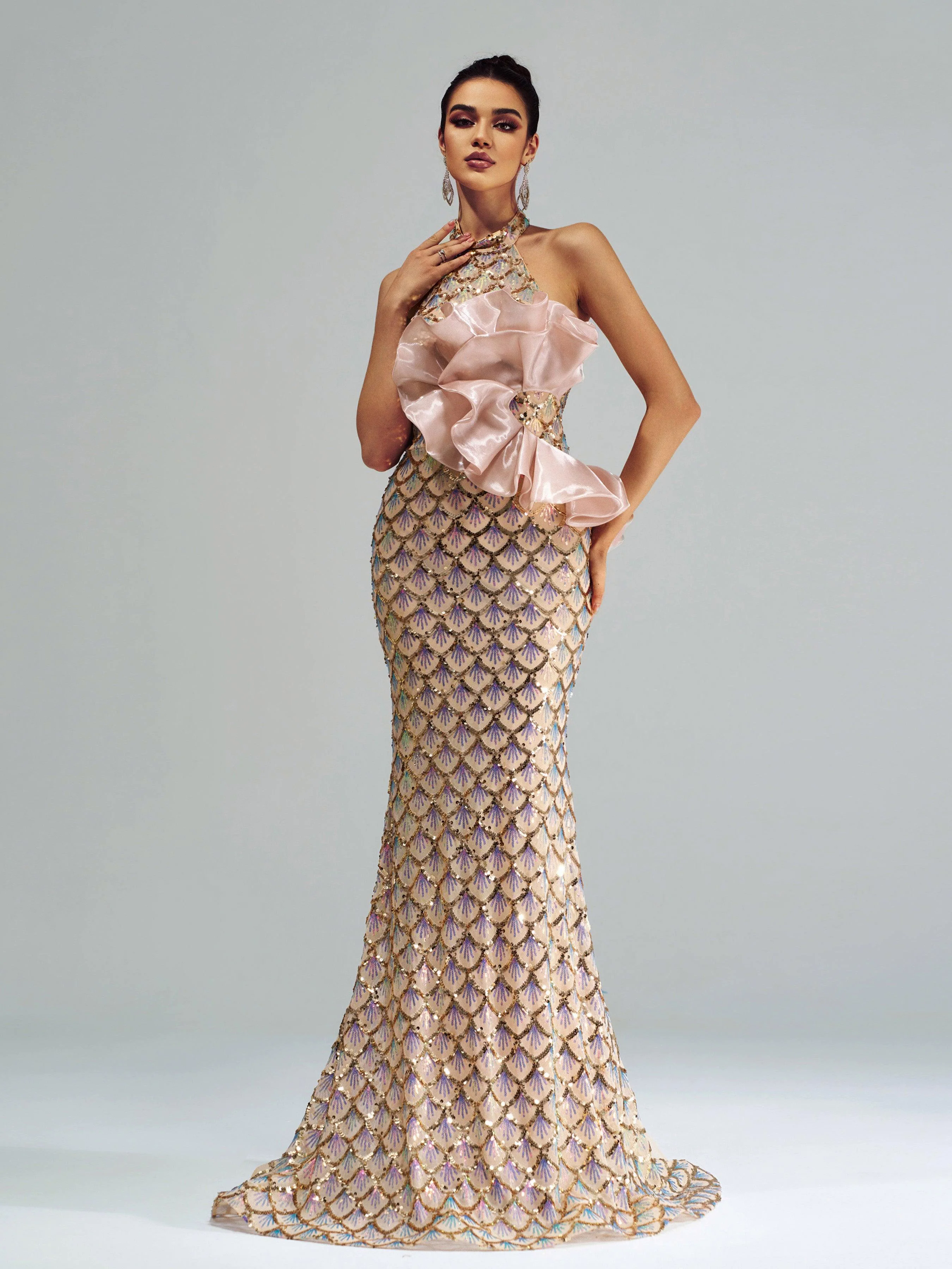 Halter Floral Mermaid Sequin Evening Dress DH80204