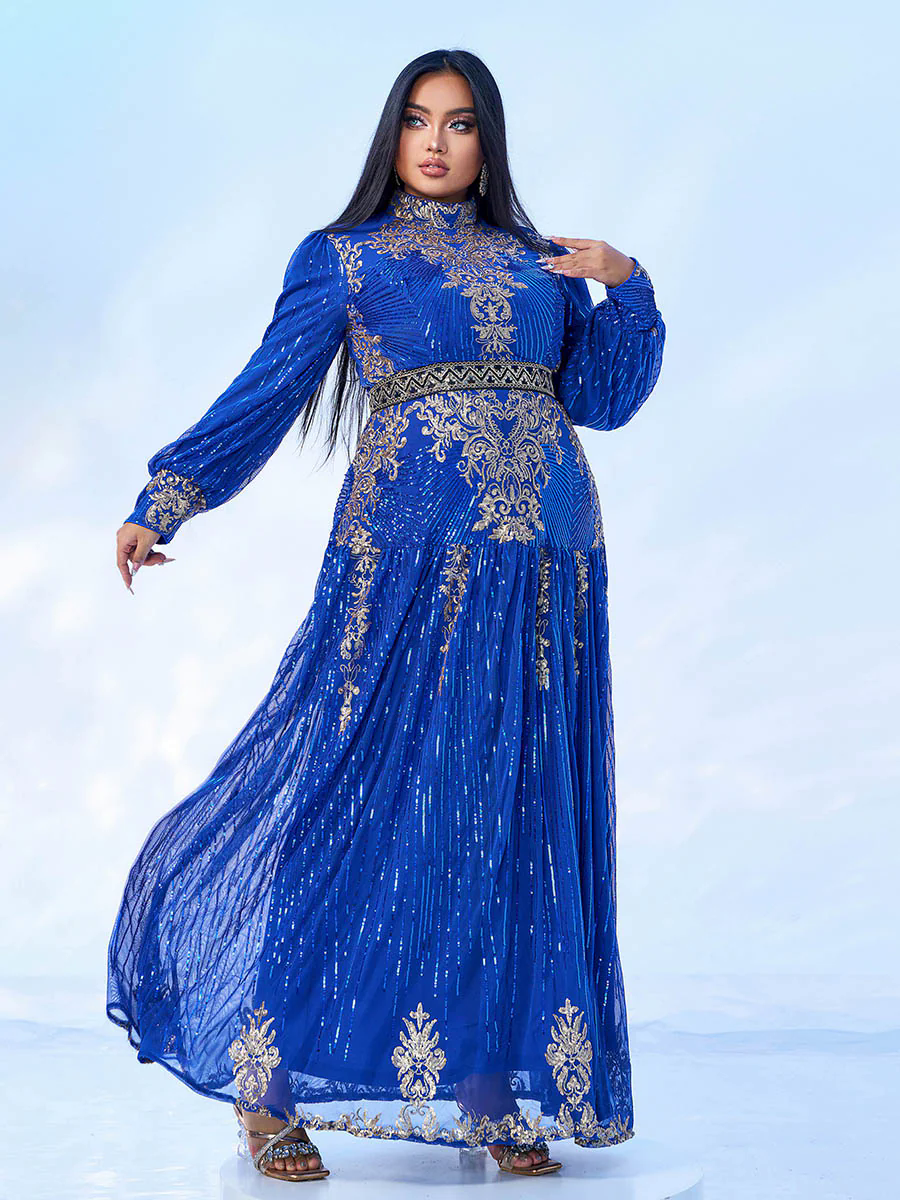 Plus Stand Collar Sequin A-line Dress PMES00341