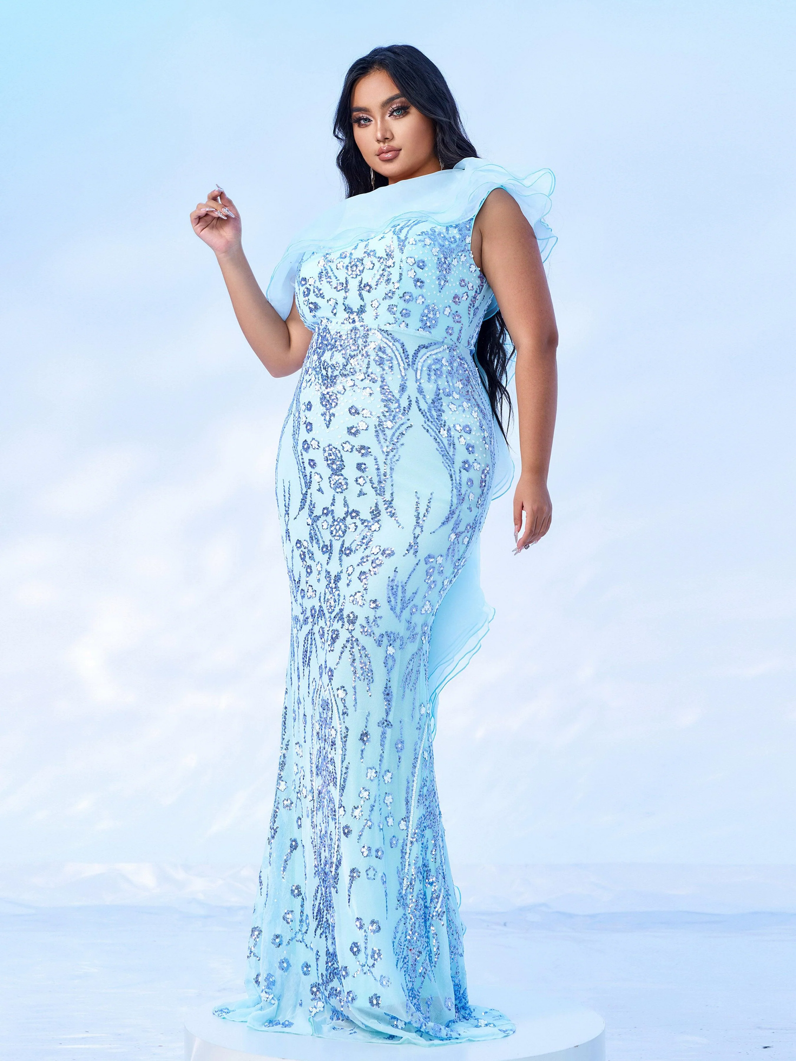 Plus Off Shoulder Ruffled Seuqin Mermaid Prom Dress PRX70231