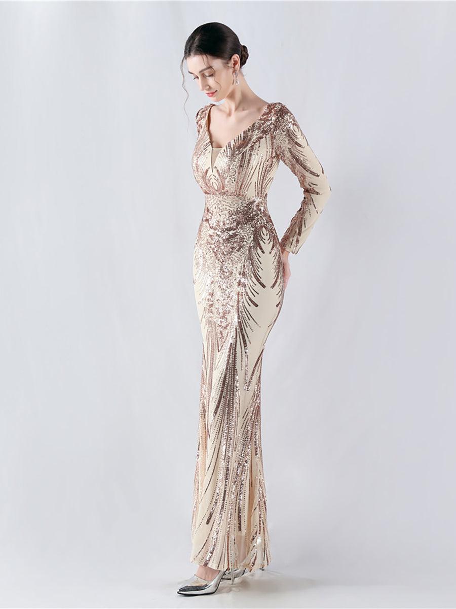 Long Sleeve Sequin V-neck Backless Prom Dress MCW1000