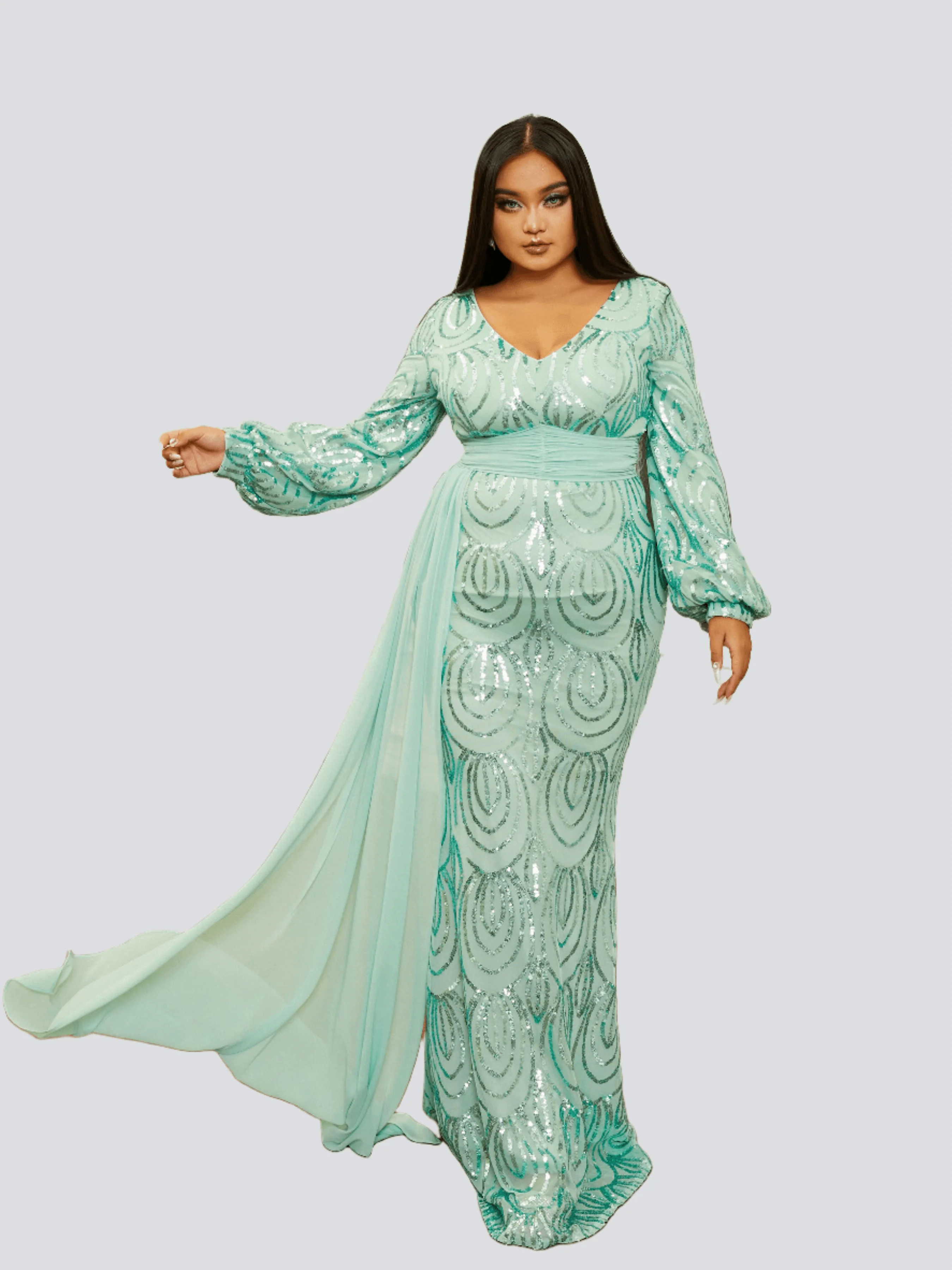 Plus V-Neck Long Sleeve Prom Dress PXJ1524