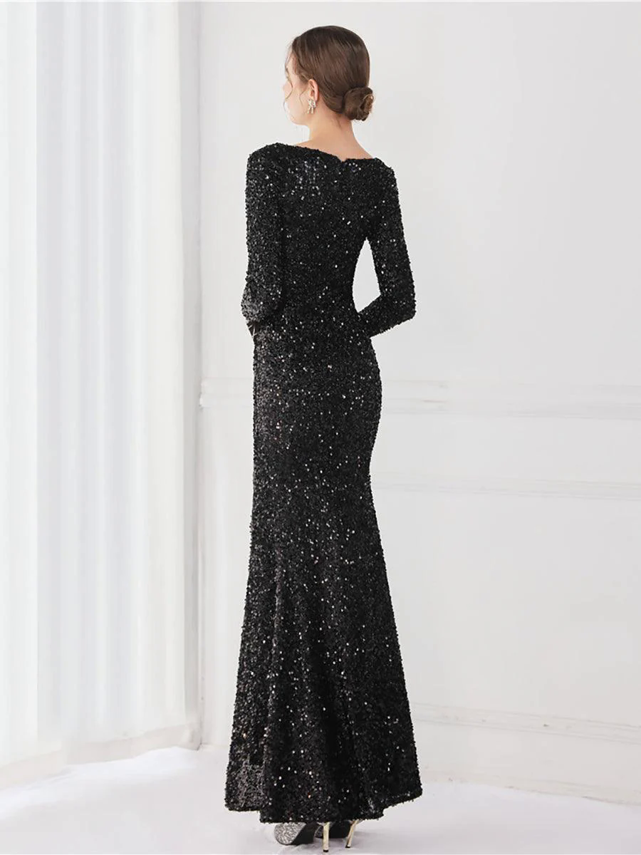 Long Sleeve Solid V-neck Sequin Prom Dress MCW1133
