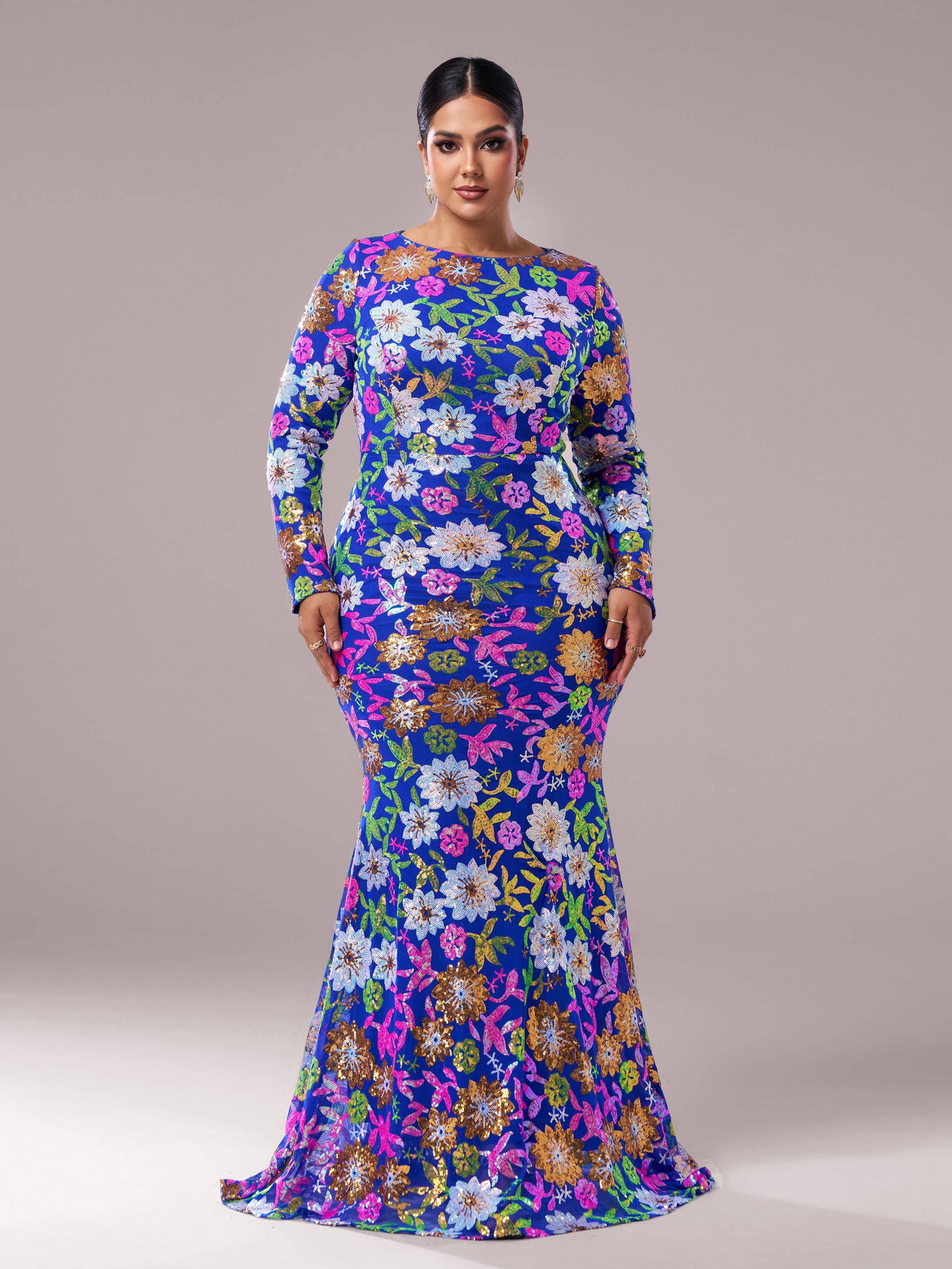 Plus Crew Neck Floral Sequin Dress PRJ10987