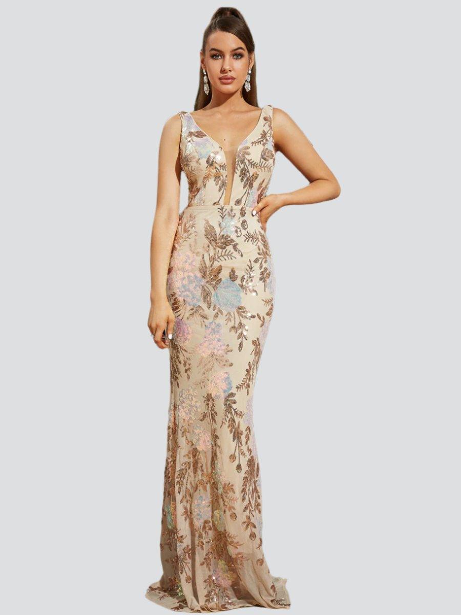 Floral Sleeveless Sequin Evening Dress XJ1986